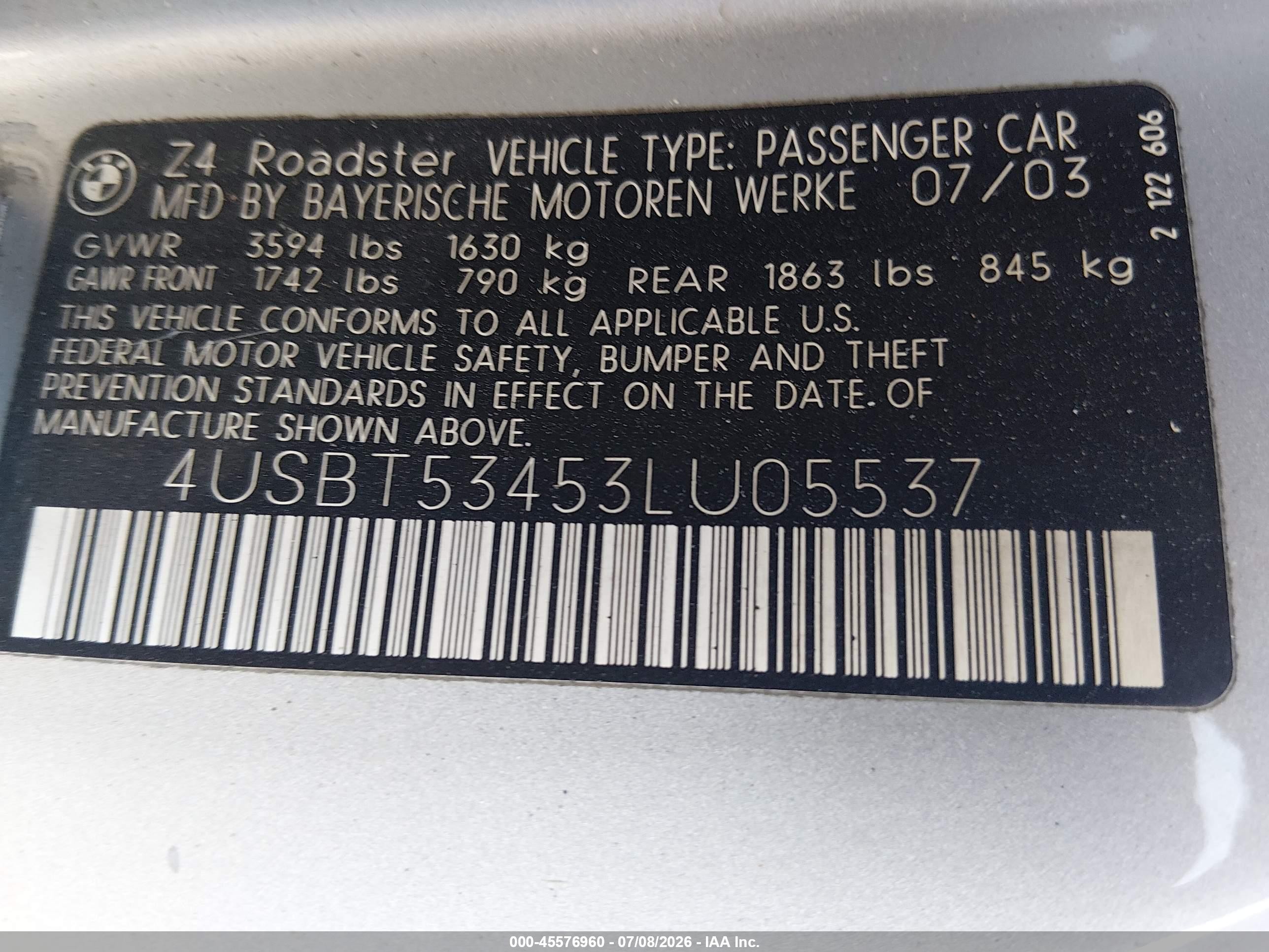 2003 Bmw Z4 3.0i Silver vin: 4USBT53453LU05537