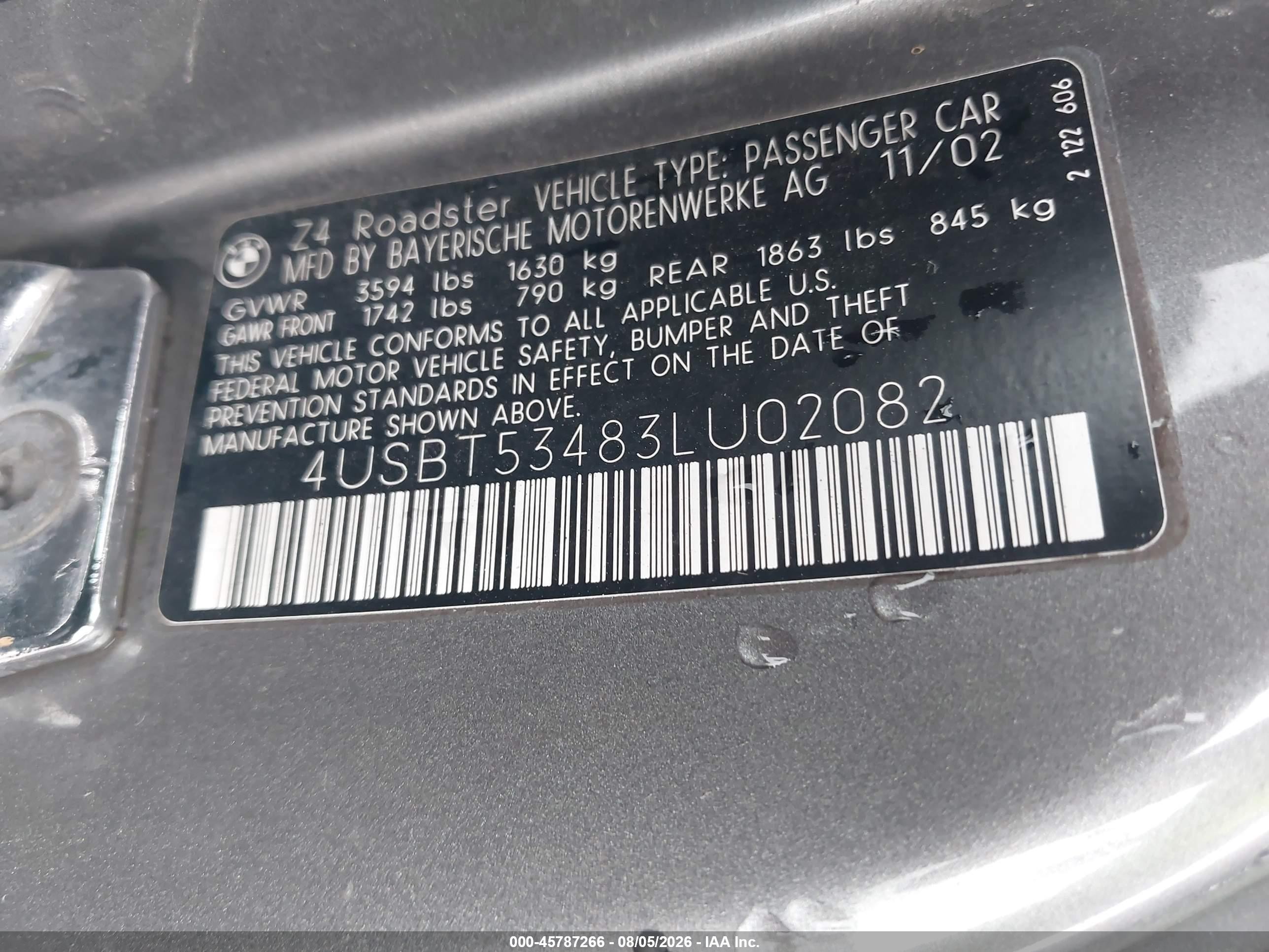 2003 Bmw Z4 3.0i Green vin: 4USBT53483LU02082