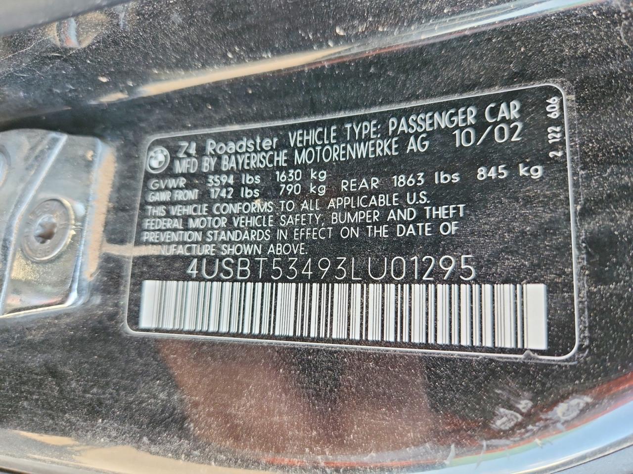 2003 Bmw Z4 3.0 Черный vin: 4USBT53493LU01295