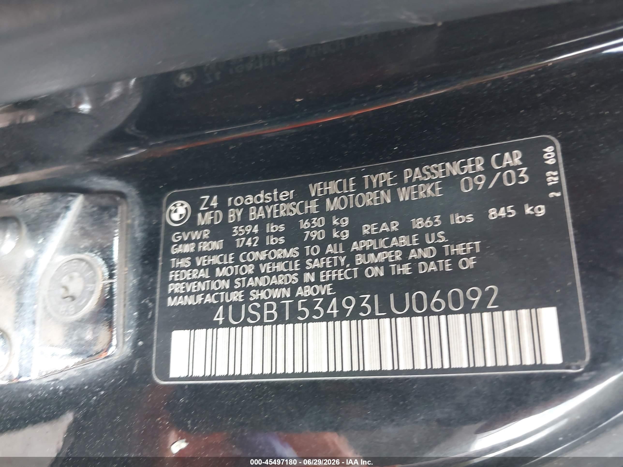 2003 Bmw Z4 3.0i Black vin: 4USBT53493LU06092