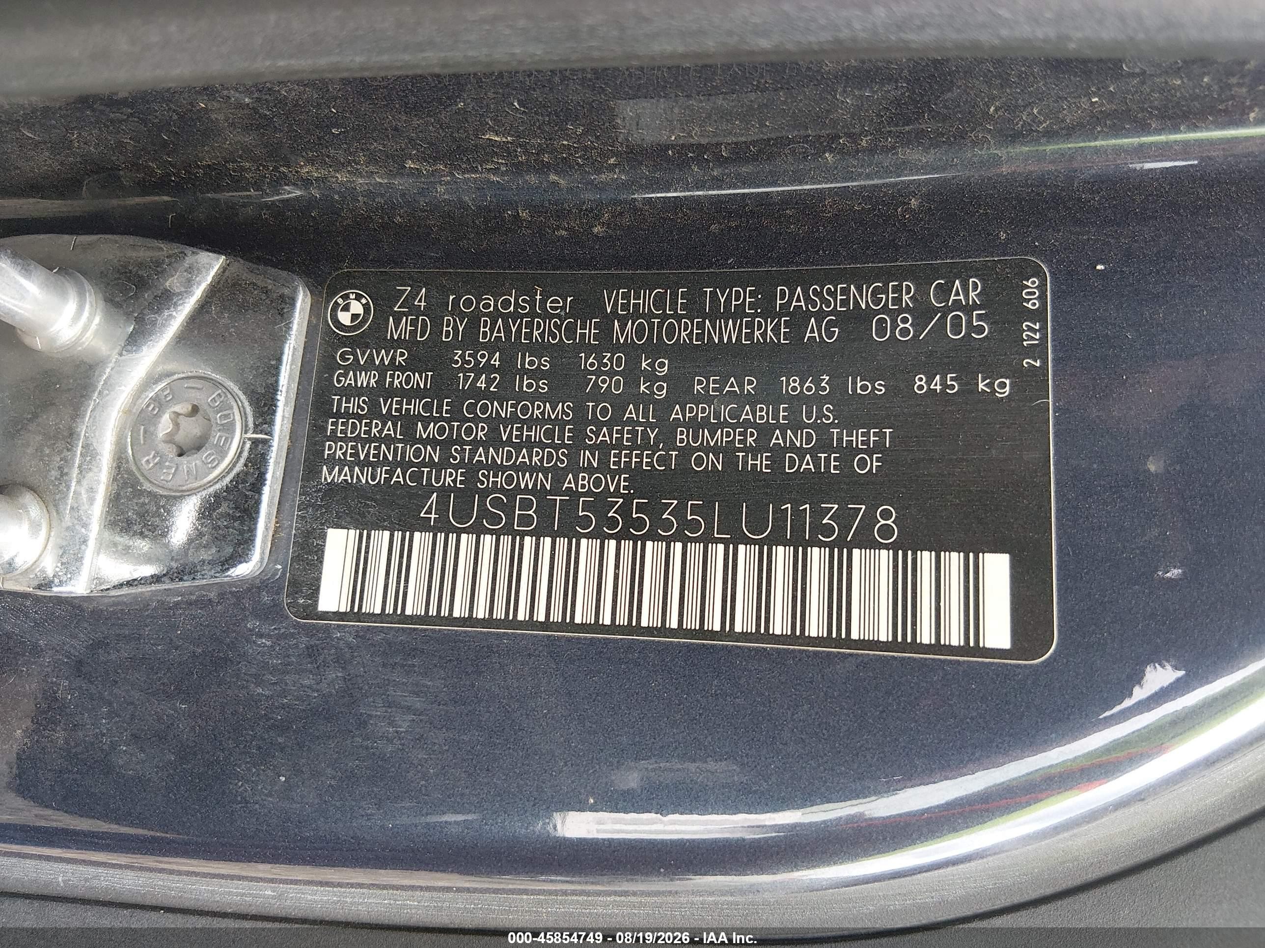 2005 Bmw Z4 3.0i Dark Blue vin: 4USBT53535LU11378