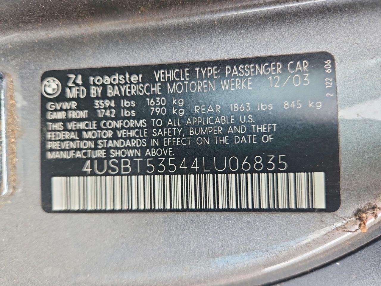 2004 Bmw Z4 3.0 Silver vin: 4USBT53544LU06835