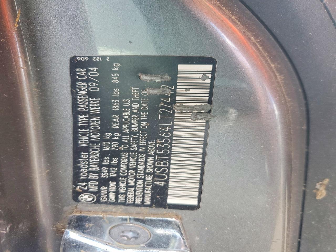 2004 Bmw Z4 3.0 Gray vin: 4USBT53564LT27442