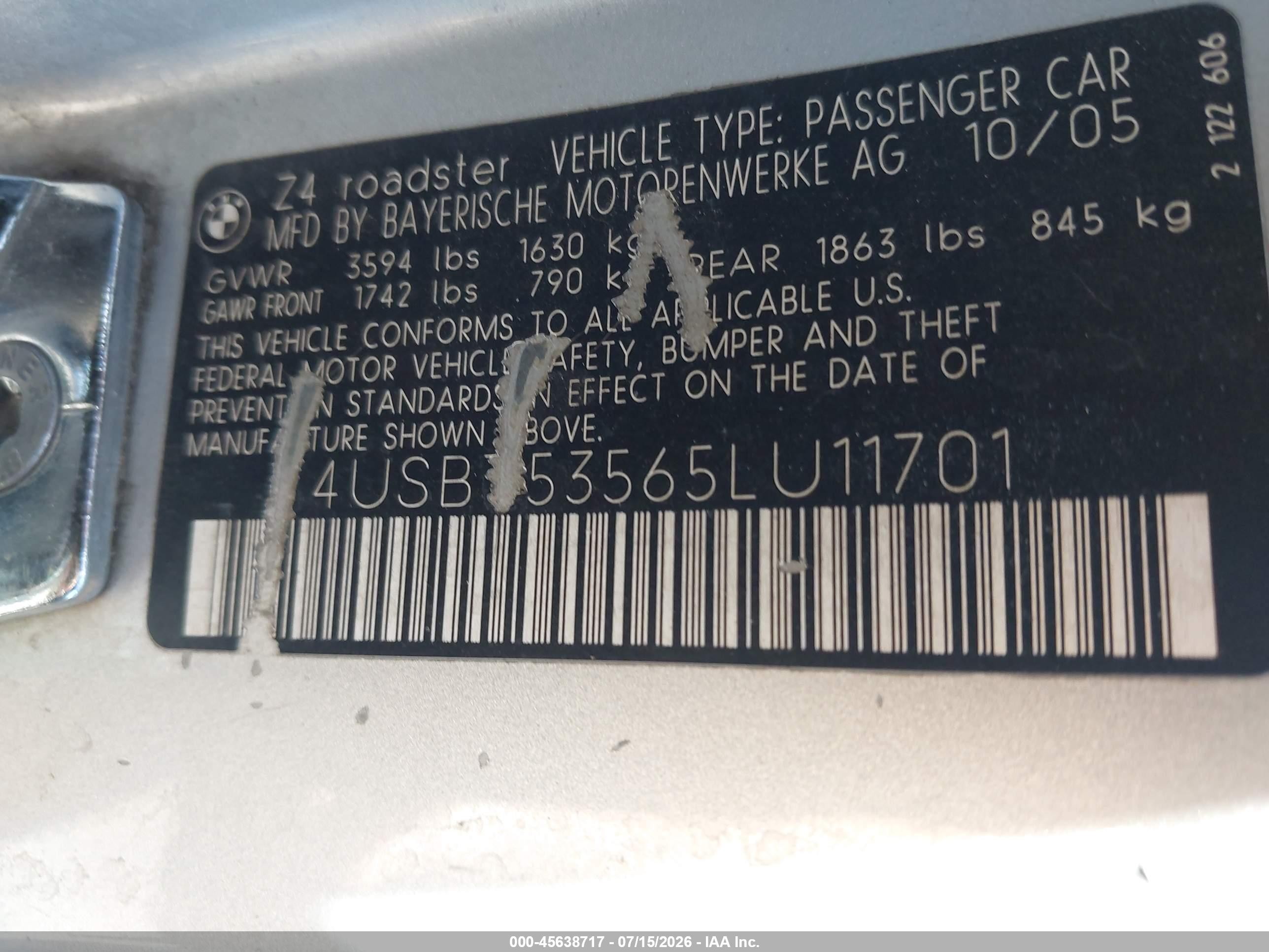 2005 Bmw Z4 3.0i Silver vin: 4USBT53565LU11701