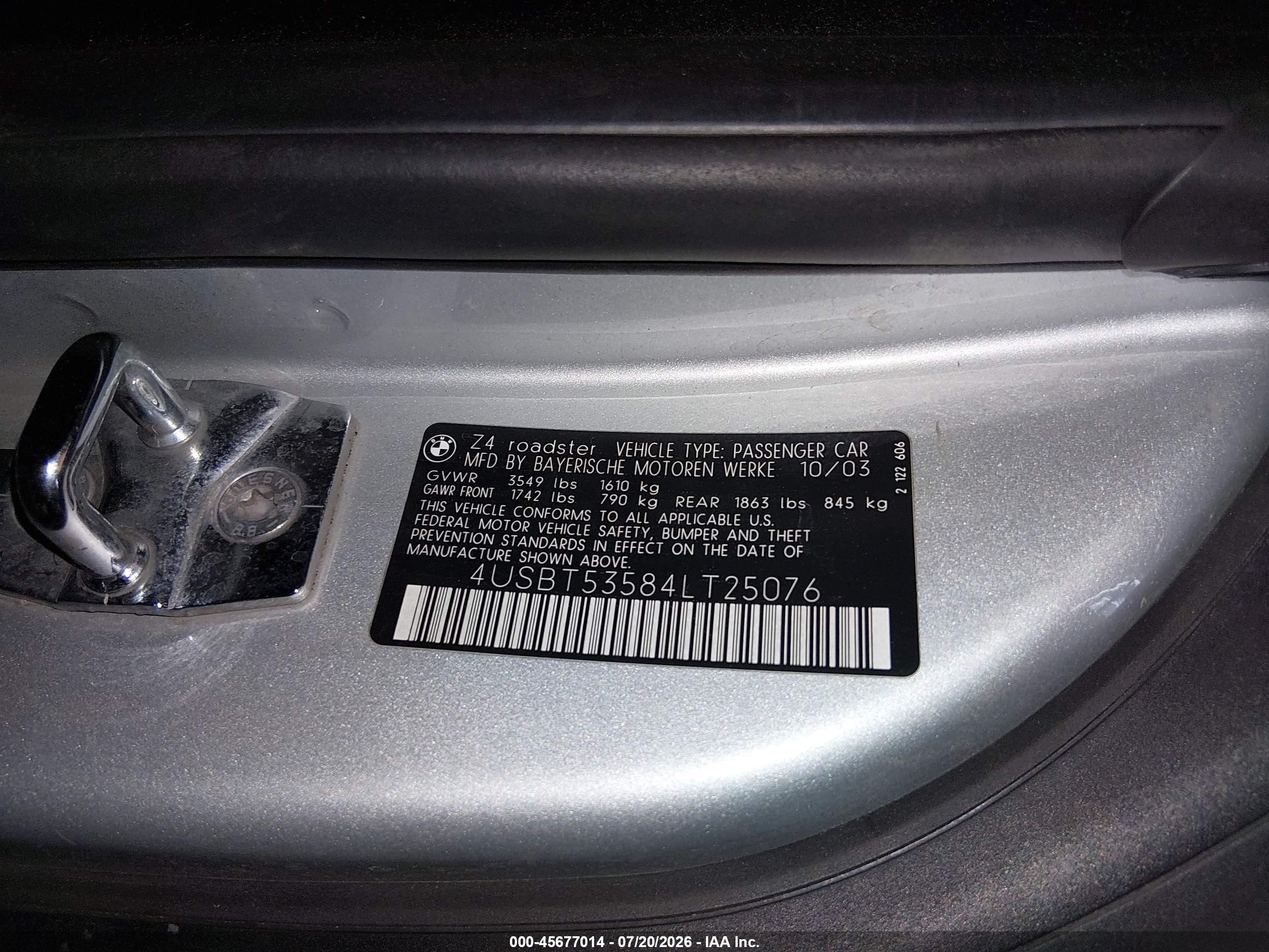 2004 Bmw Z4 3.0i Silver vin: 4USBT53584LT25076