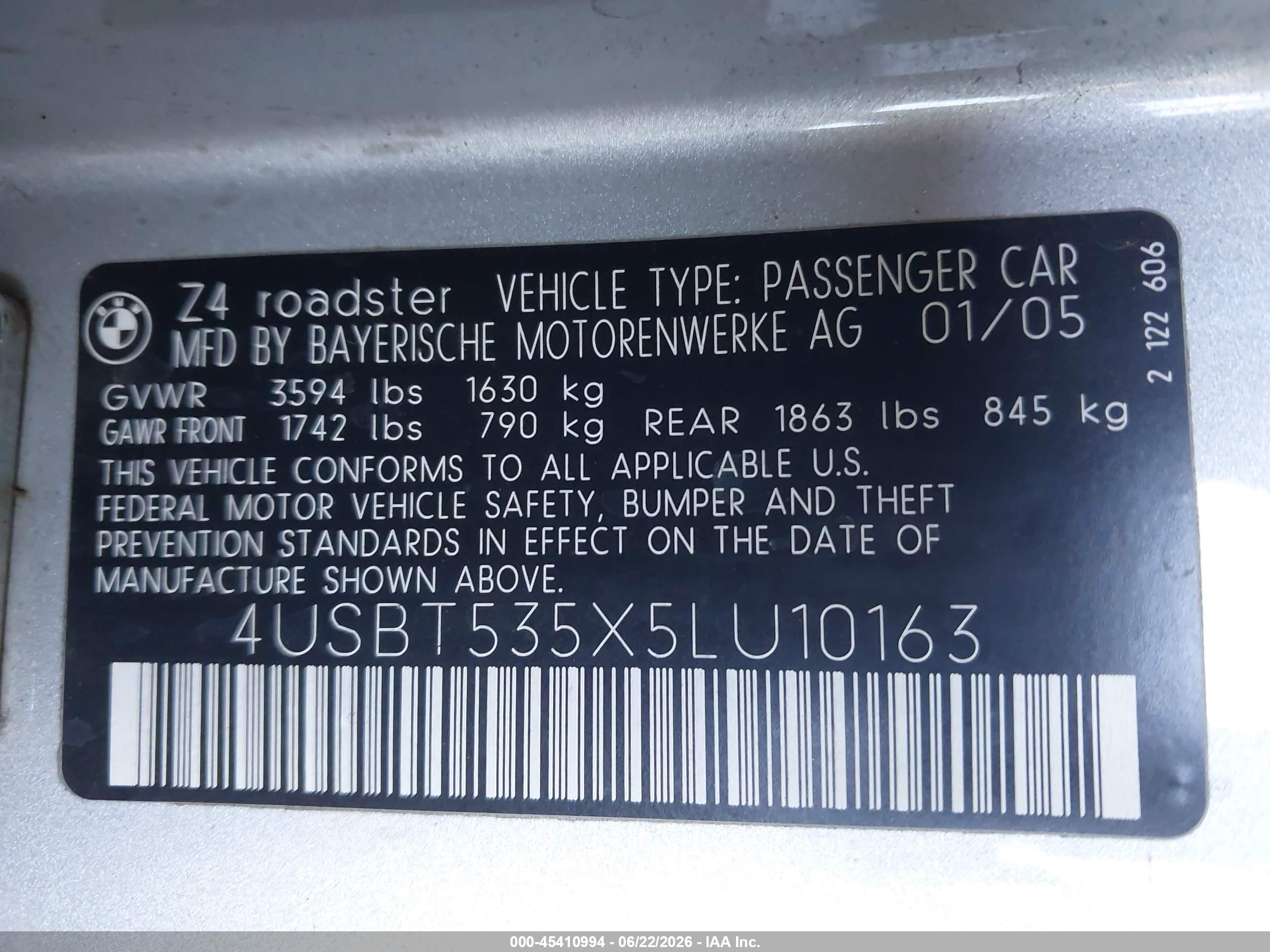 2005 Bmw Z4 3.0i Silver vin: 4USBT535X5LU10163