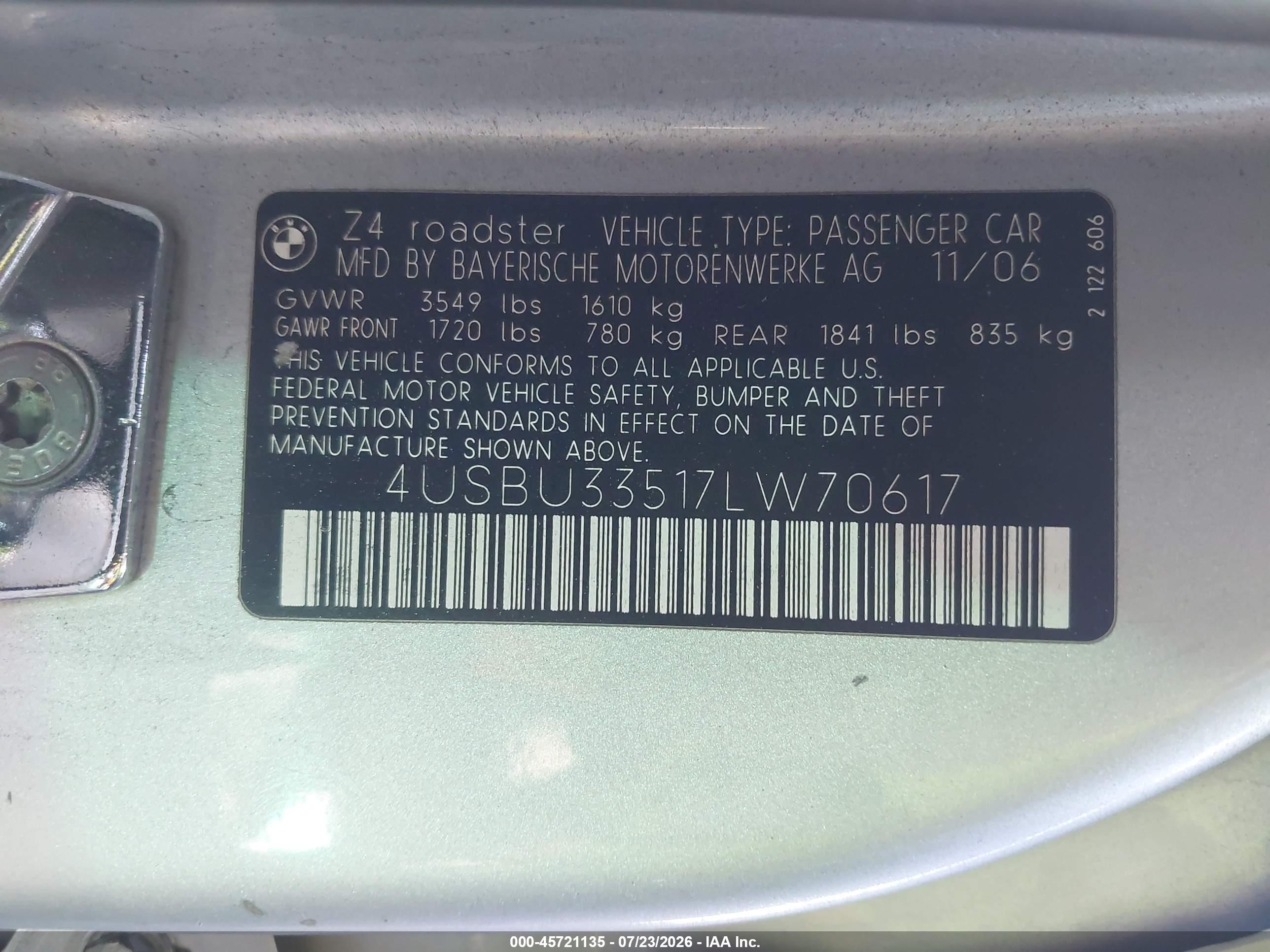 2007 Bmw Z4 3.0i Silver vin: 4USBU33517LW70617