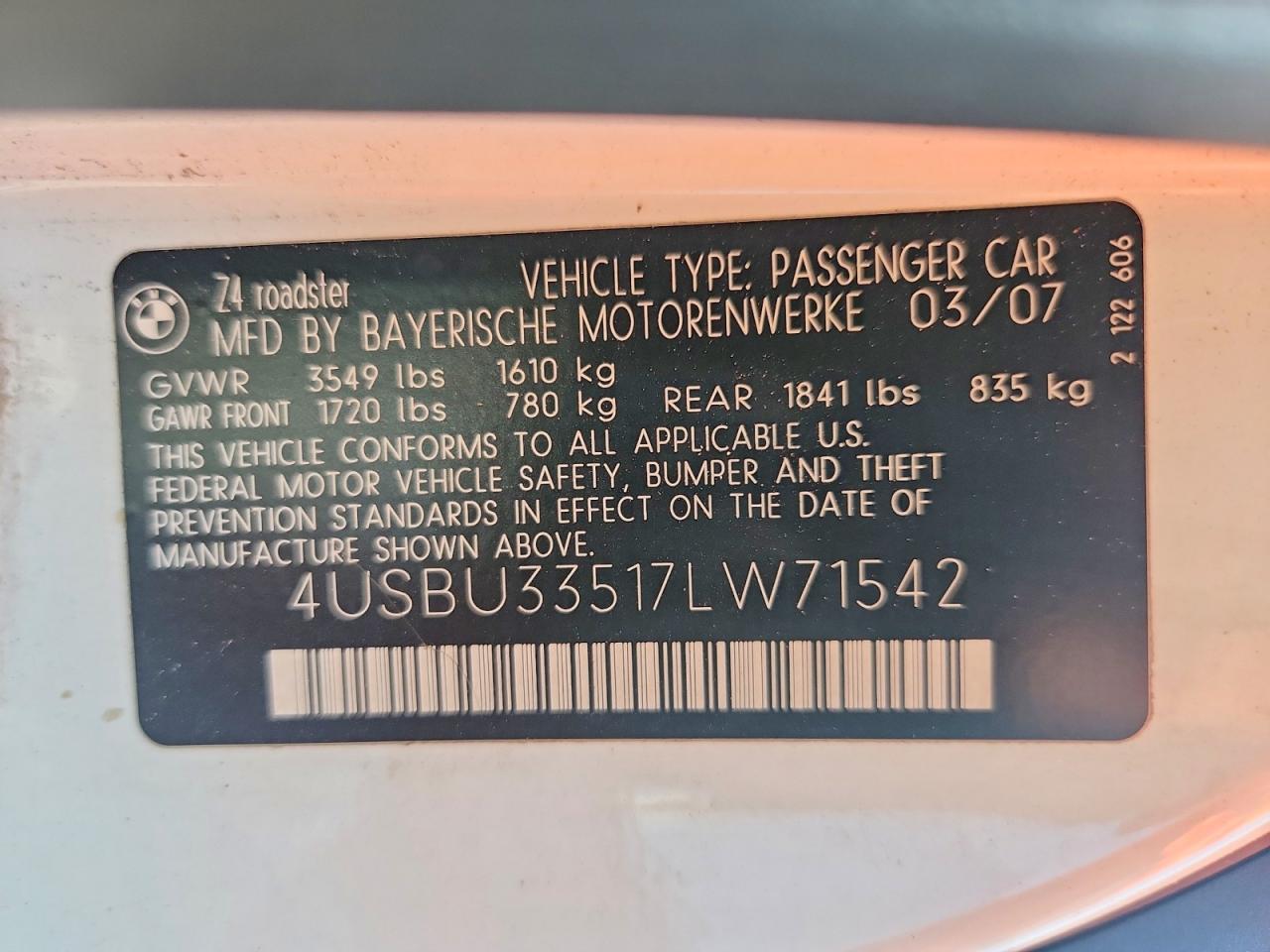 2007 Bmw Z4 3.0 White vin: 4USBU33517LW71542