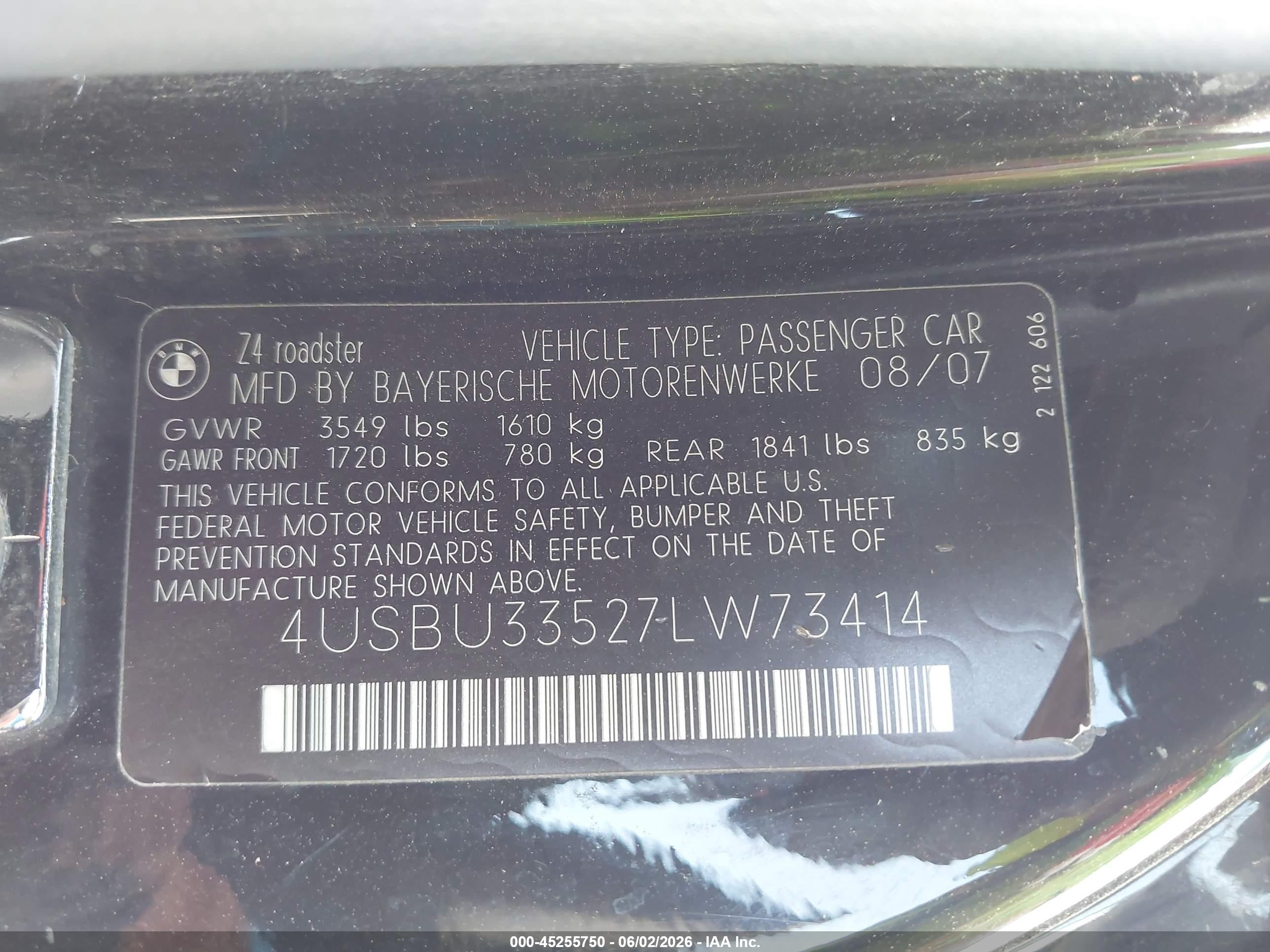 2007 Bmw Z4 3.0i Black vin: 4USBU33527LW73414