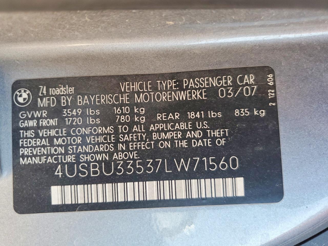 2007 Bmw Z4 3.0 Silver vin: 4USBU33537LW71560