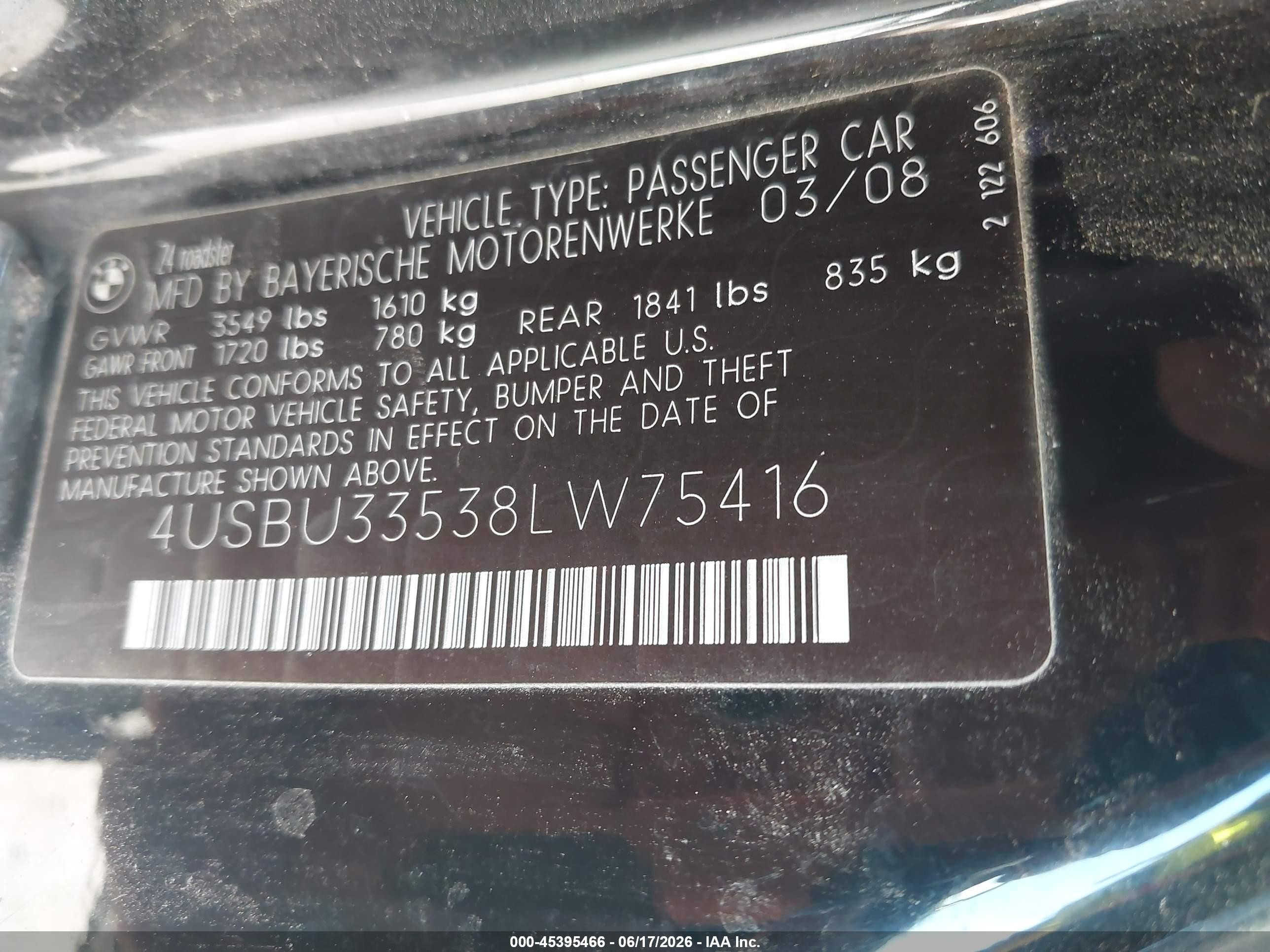 2008 Bmw Z4 3.0i Black vin: 4USBU33538LW75416