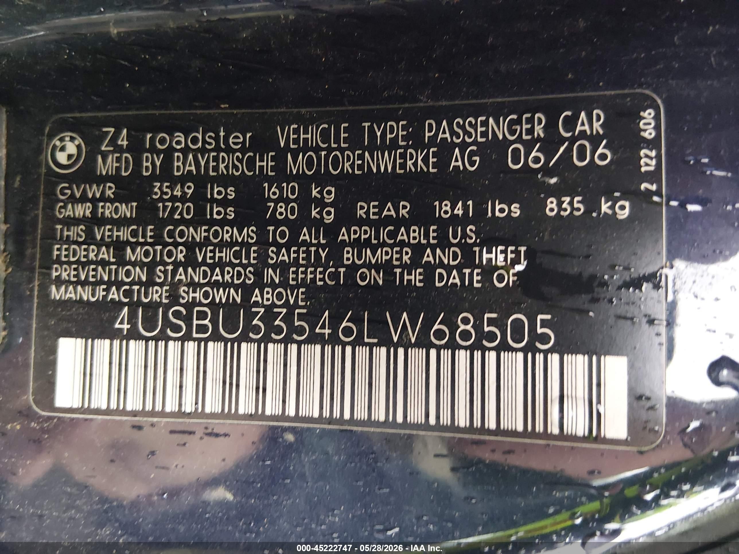 2006 Bmw Z4 3.0i Blue vin: 4USBU33546LW68505