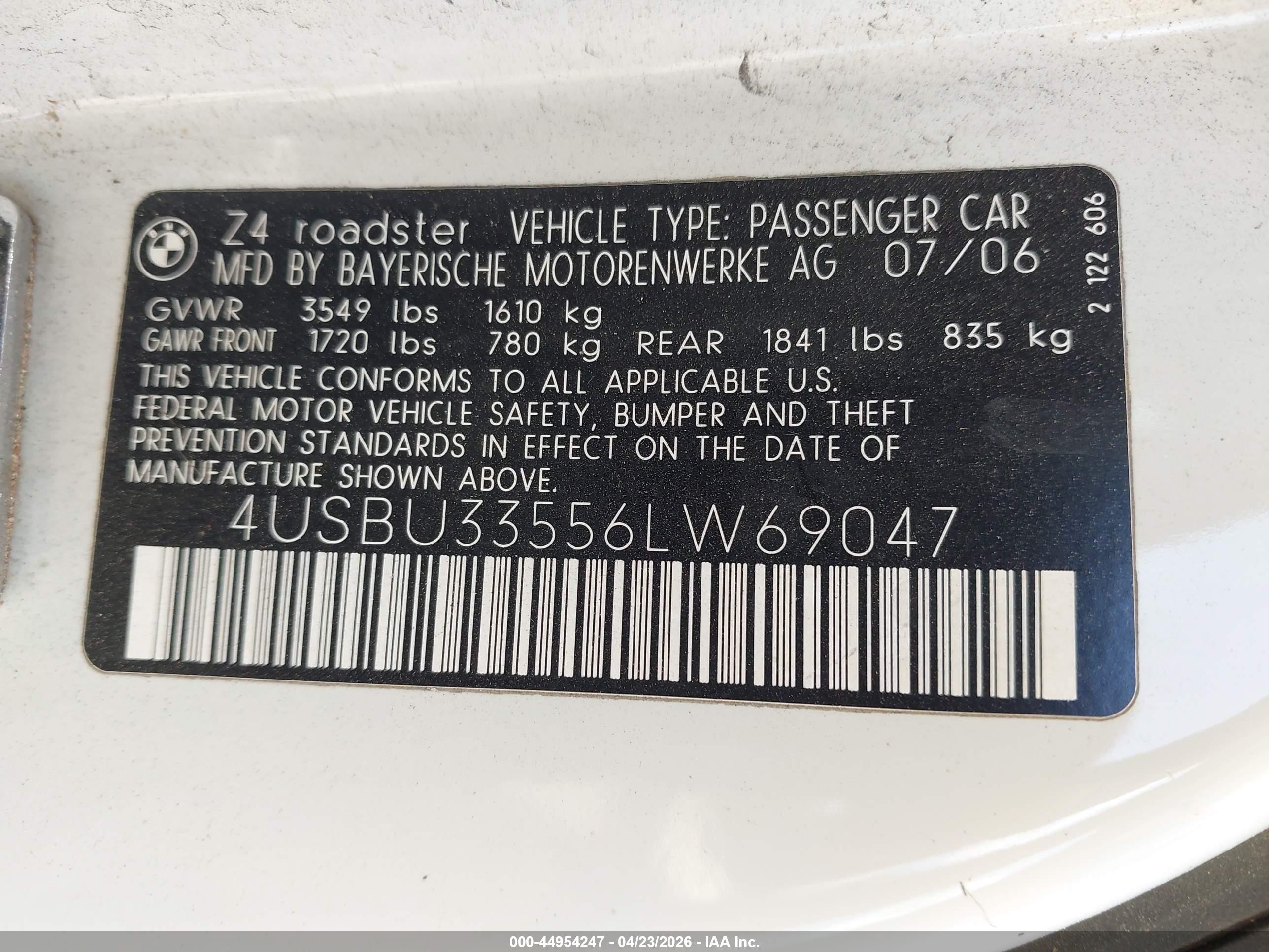 2006 Bmw Z4 3.0i White vin: 4USBU33556LW69047