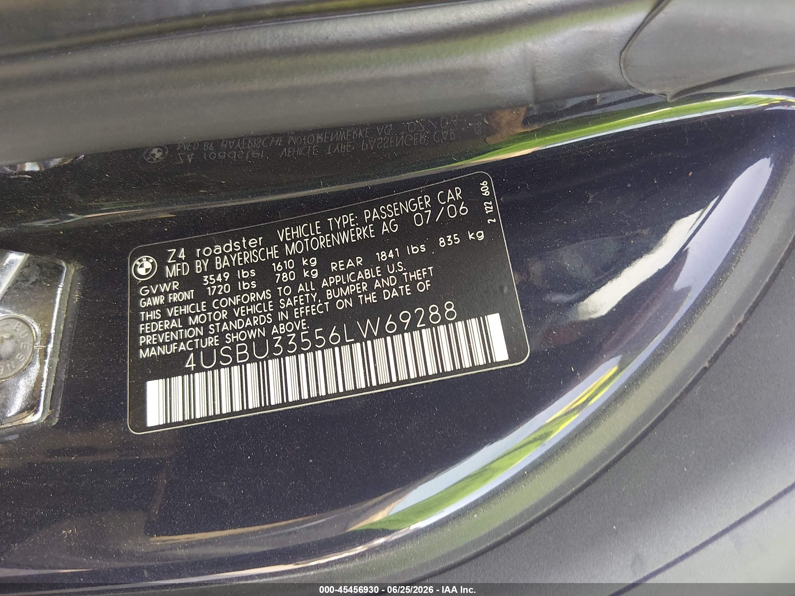 2006 Bmw Z4 3.0i Синий vin: 4USBU33556LW69288