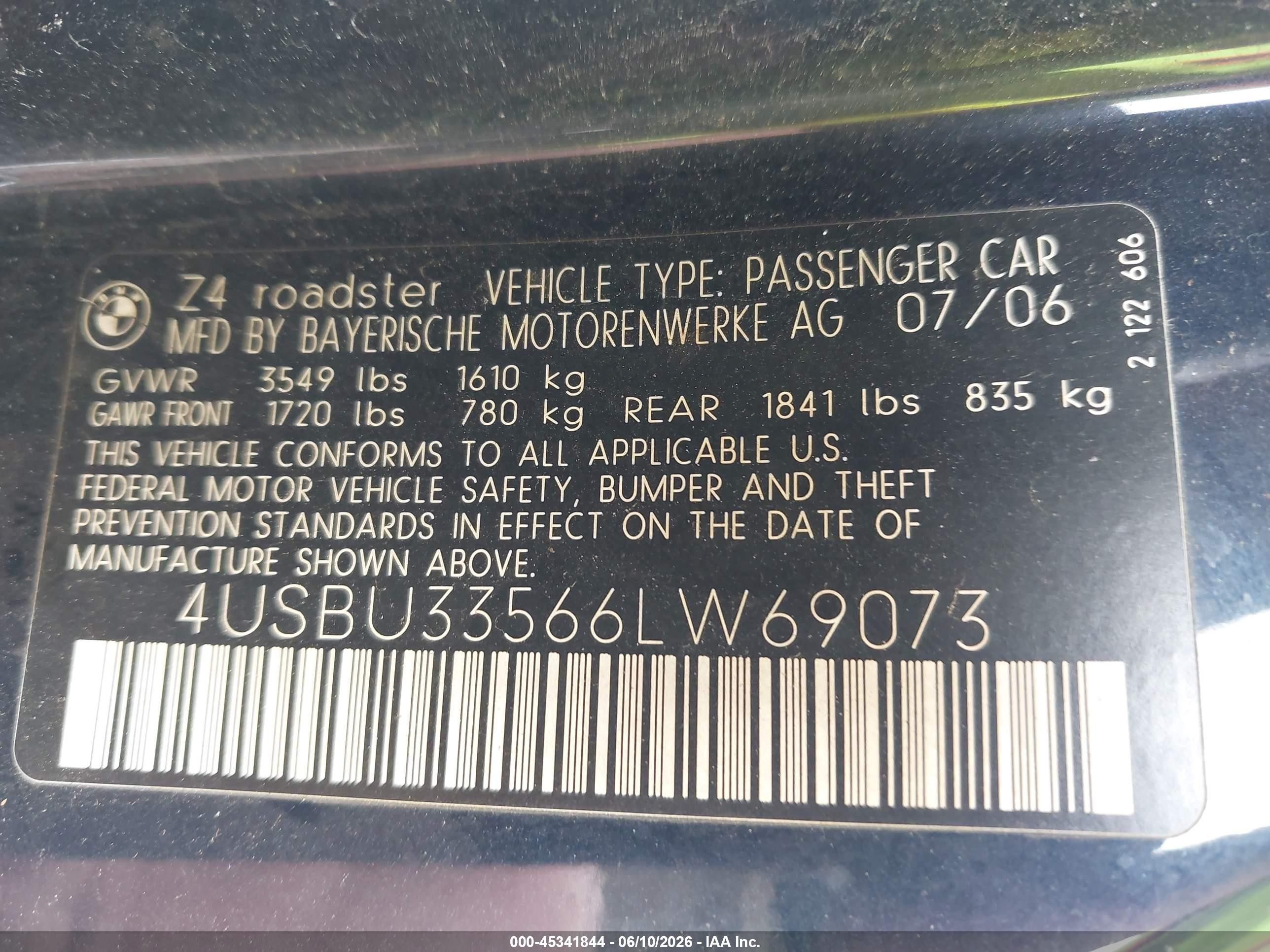 2006 Bmw Z4 3.0i Blue vin: 4USBU33566LW69073