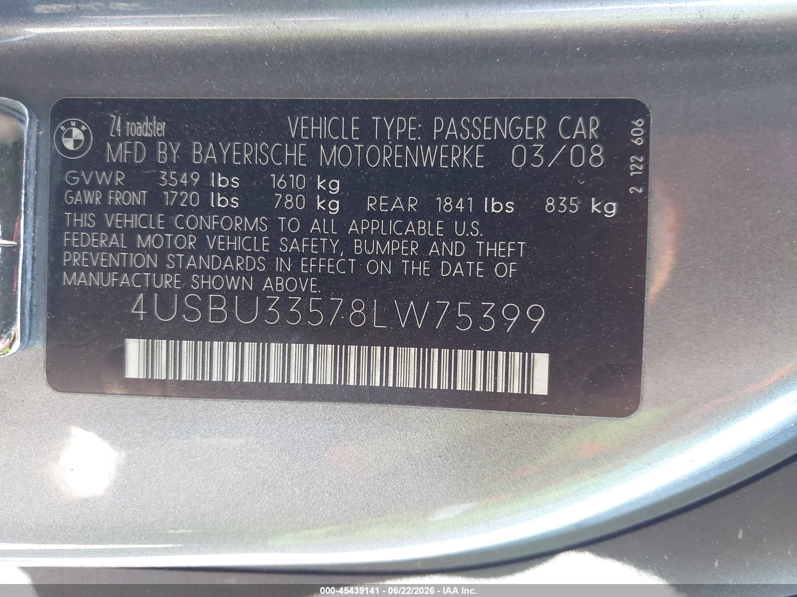 2008 Bmw Z4 3.0i Silver vin: 4USBU33578LW75399
