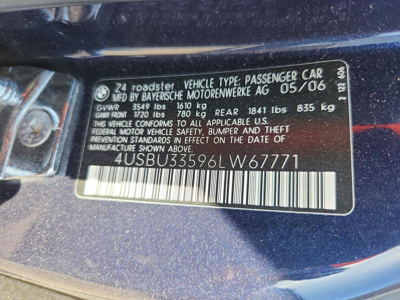 2006 Bmw Z4 3.0 Blue vin: 4USBU33596LW67771