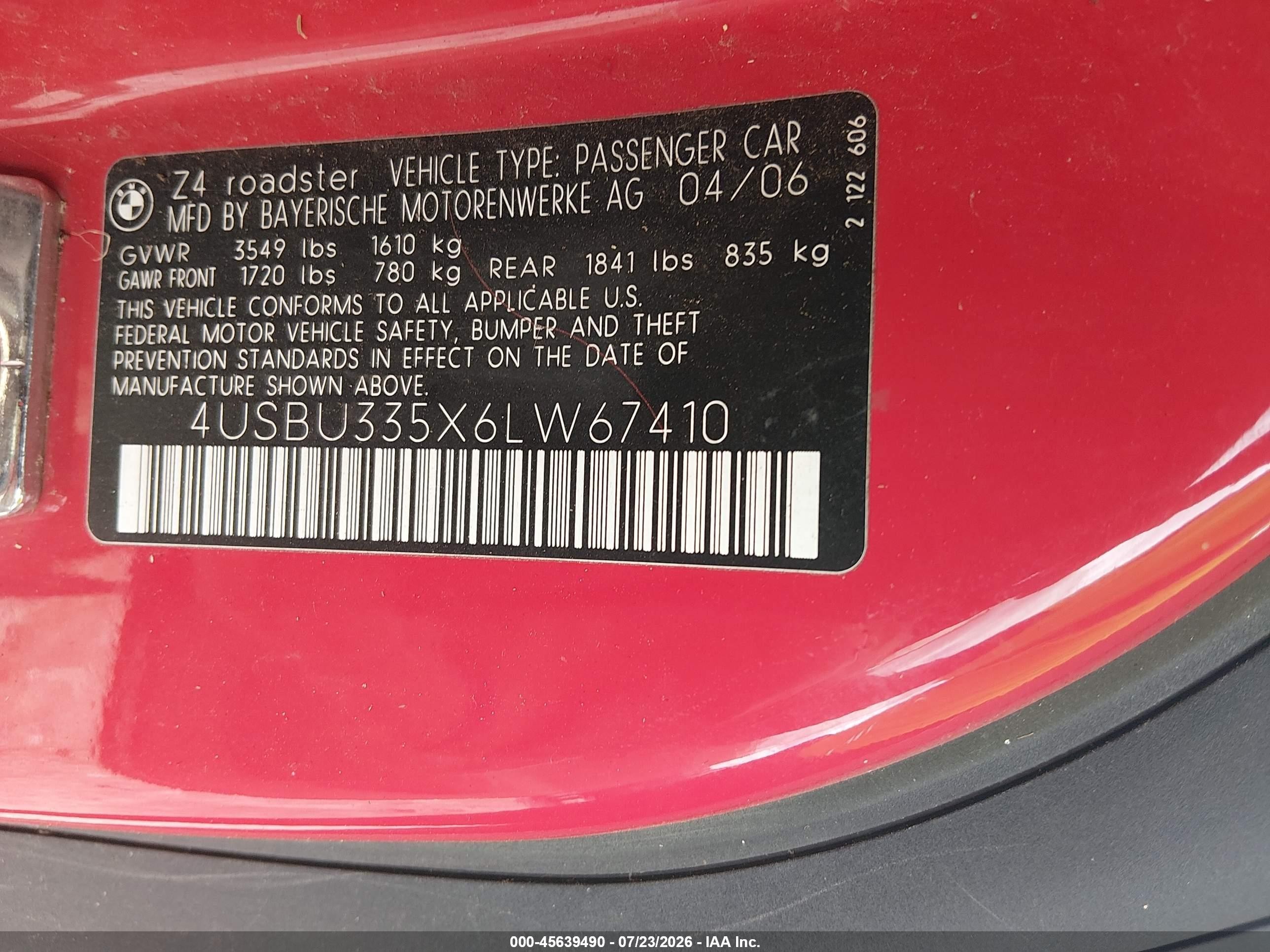 2006 Bmw Z4 3.0i Red vin: 4USBU335X6LW67410