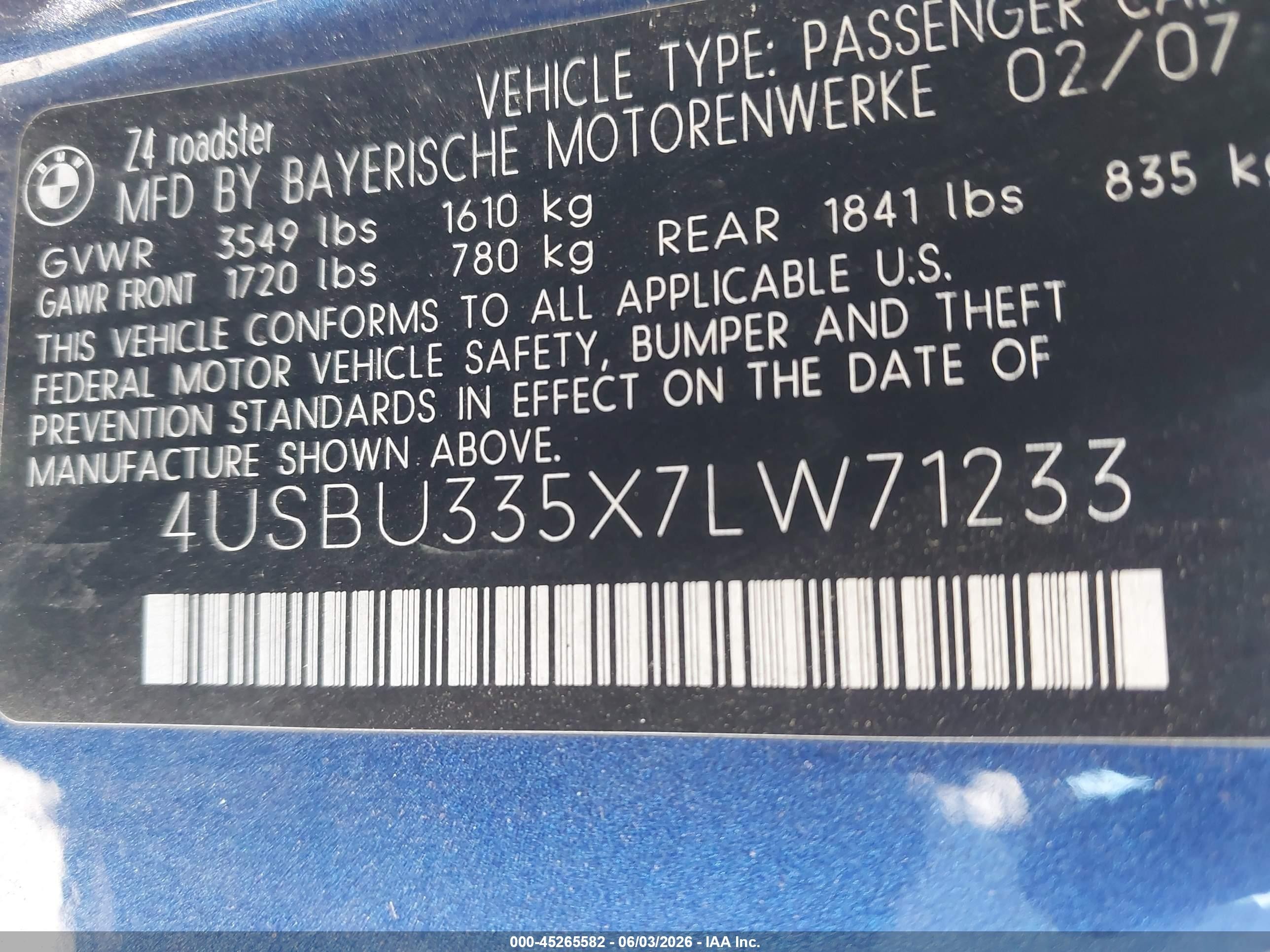 2007 Bmw Z4 3.0i Navy vin: 4USBU335X7LW71233
