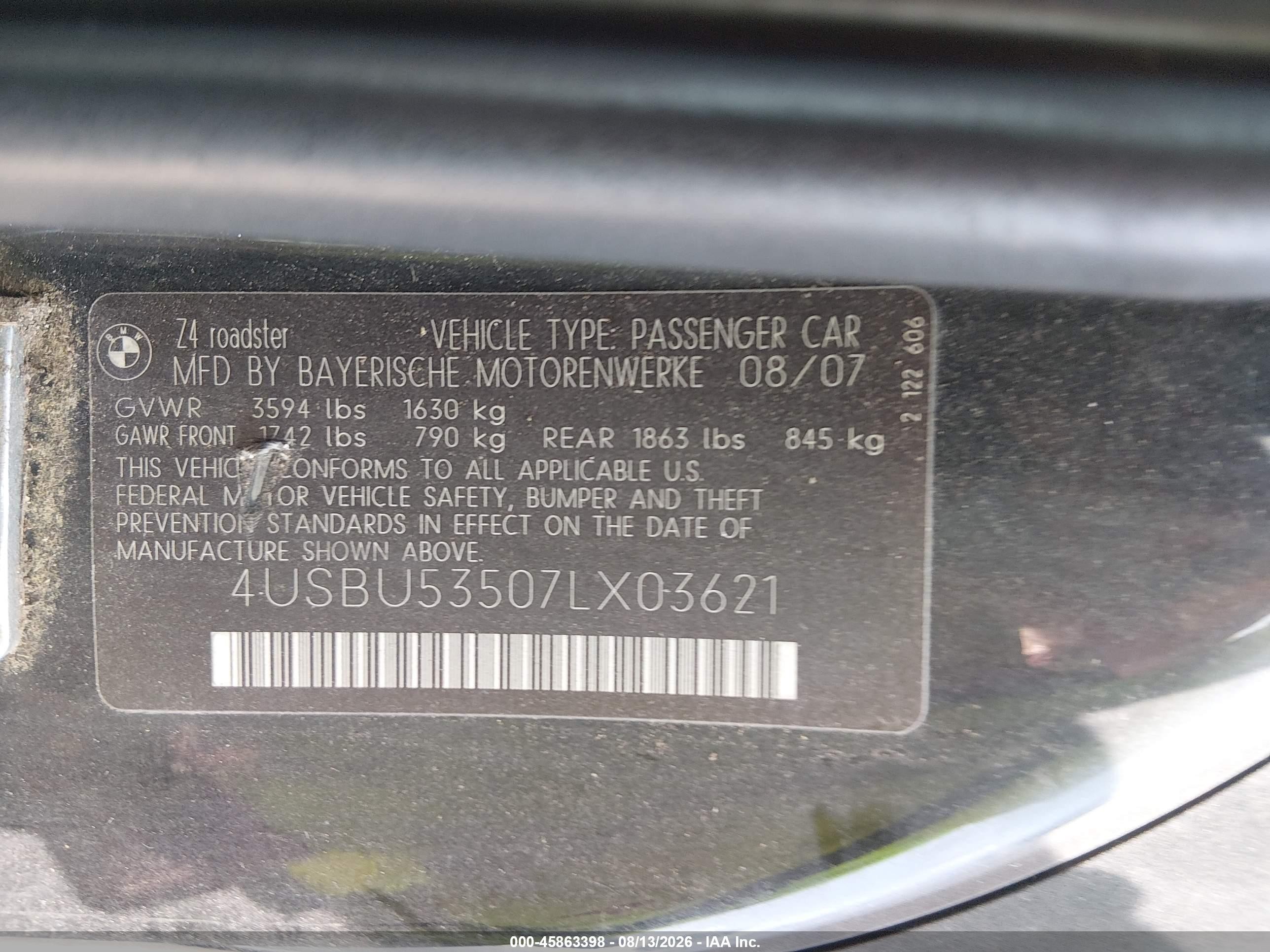 2007 Bmw Z4 3.0si Черный vin: 4USBU53507LX03621
