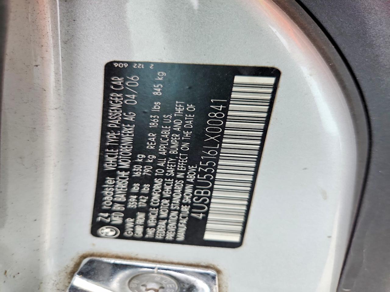 2006 Bmw Z4 3.0si Silver vin: 4USBU53516LX00841