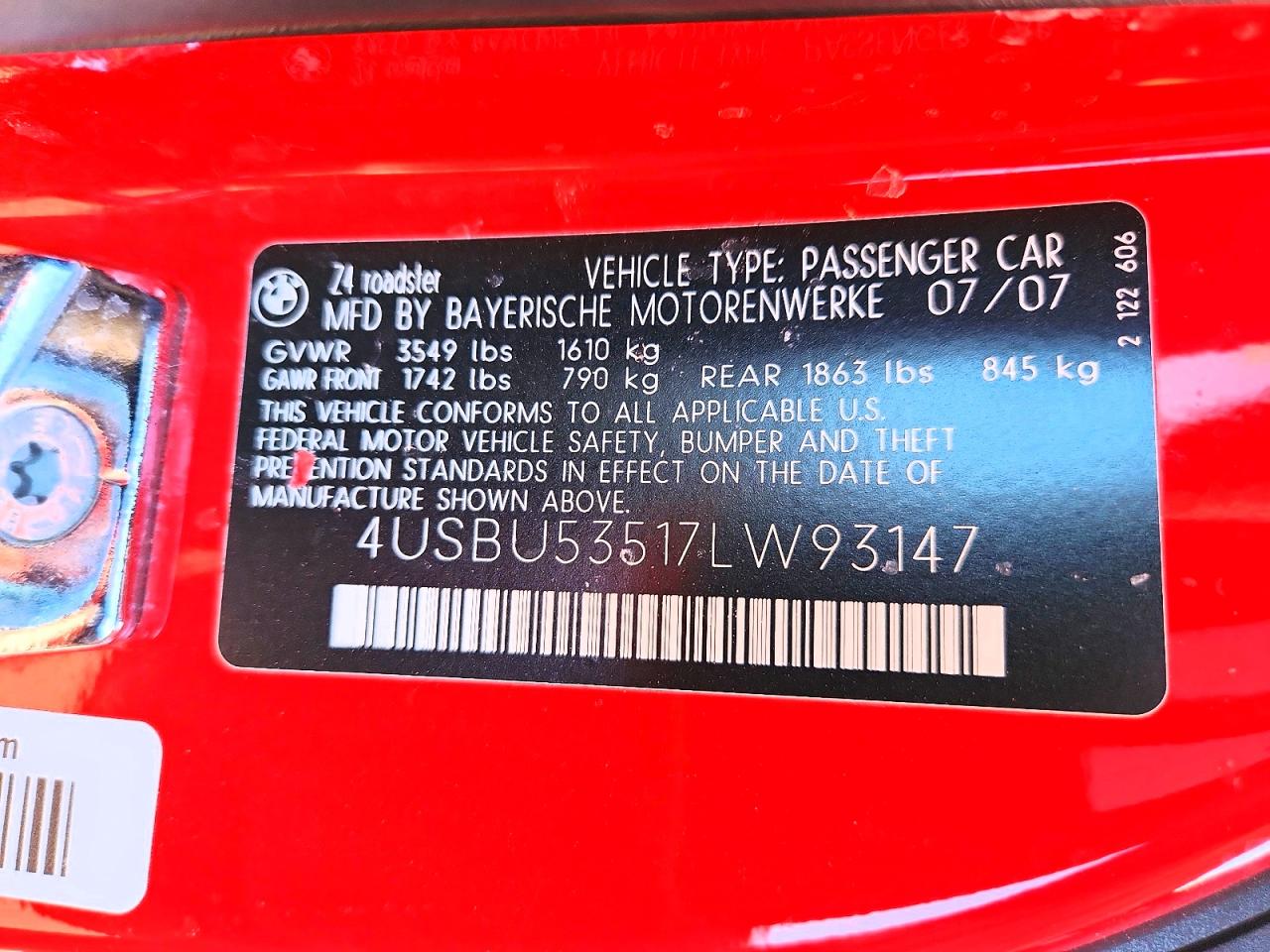 2007 Bmw Z4 3.0si Красный vin: 4USBU53517LW93147