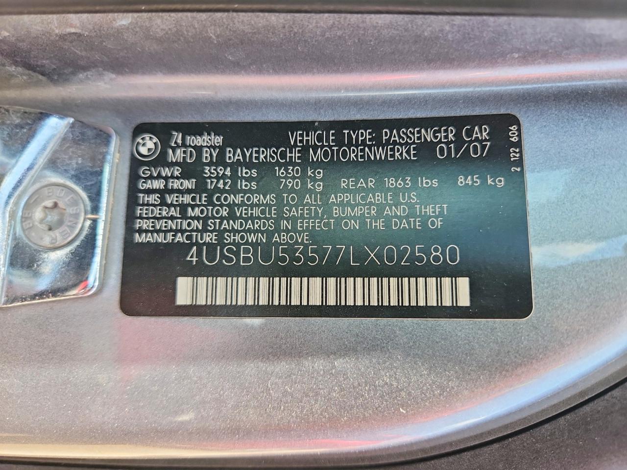 2007 Bmw Z4 3.0si Silver vin: 4USBU53577LX02580