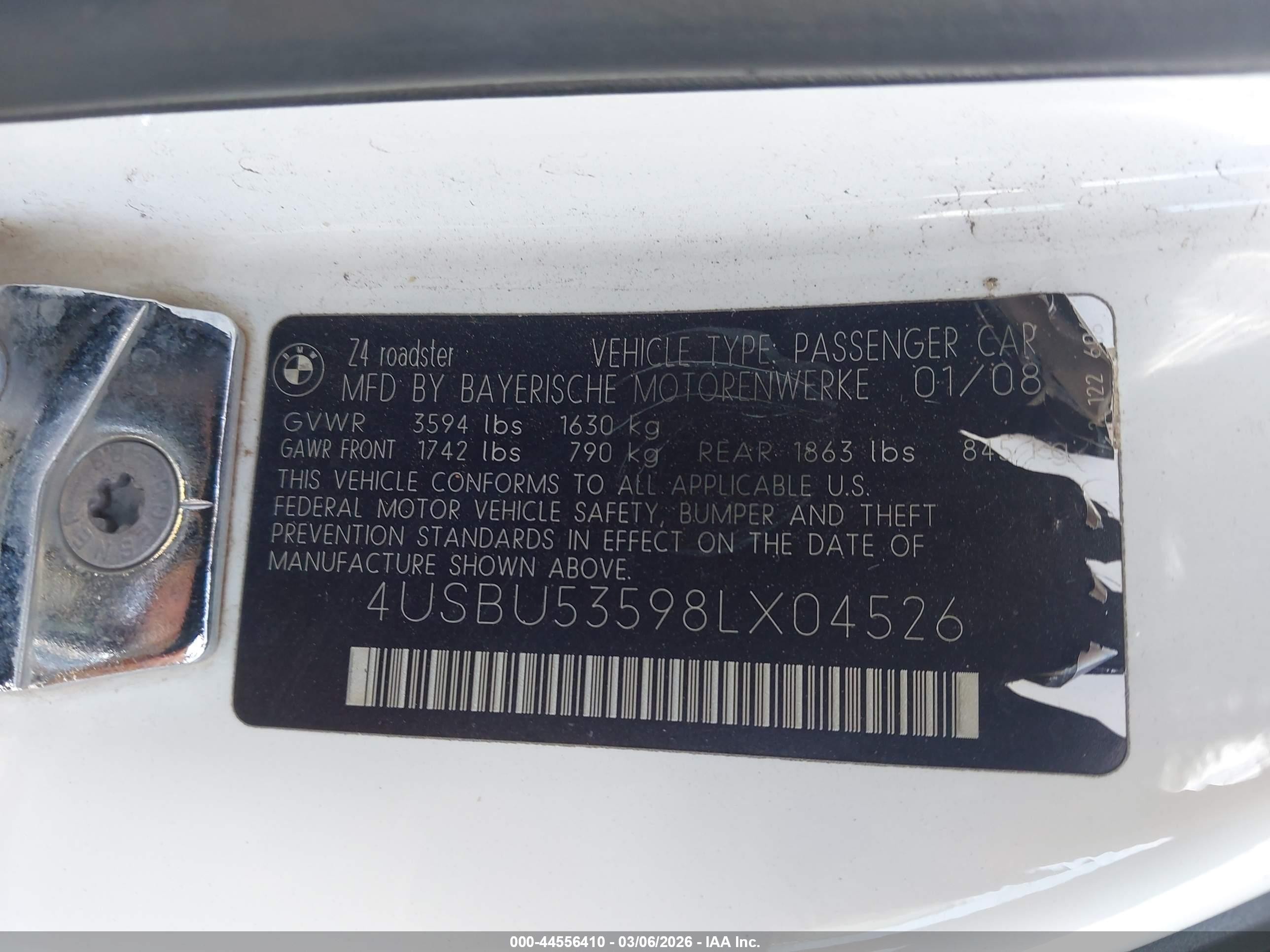 2008 Bmw Z4 3.0si White vin: 4USBU53598LX04526