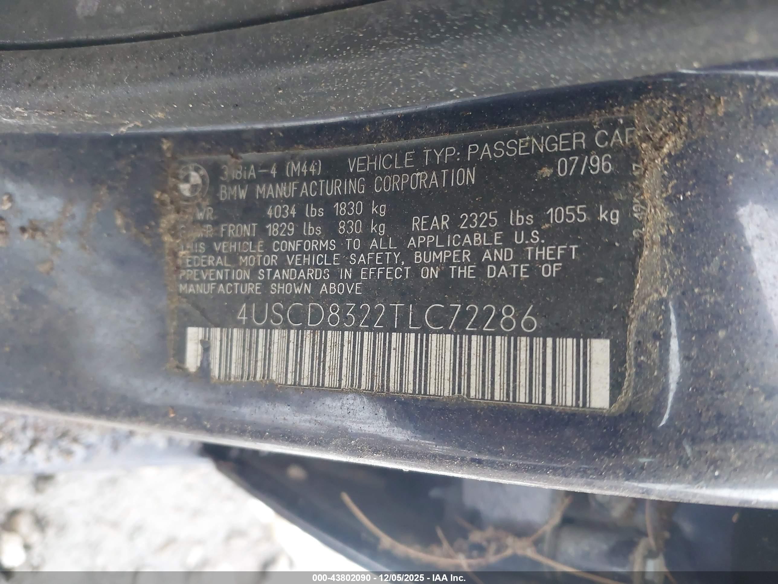 1996 Bmw 318 I Automatic Blue vin: 4USCD8322TLC72286