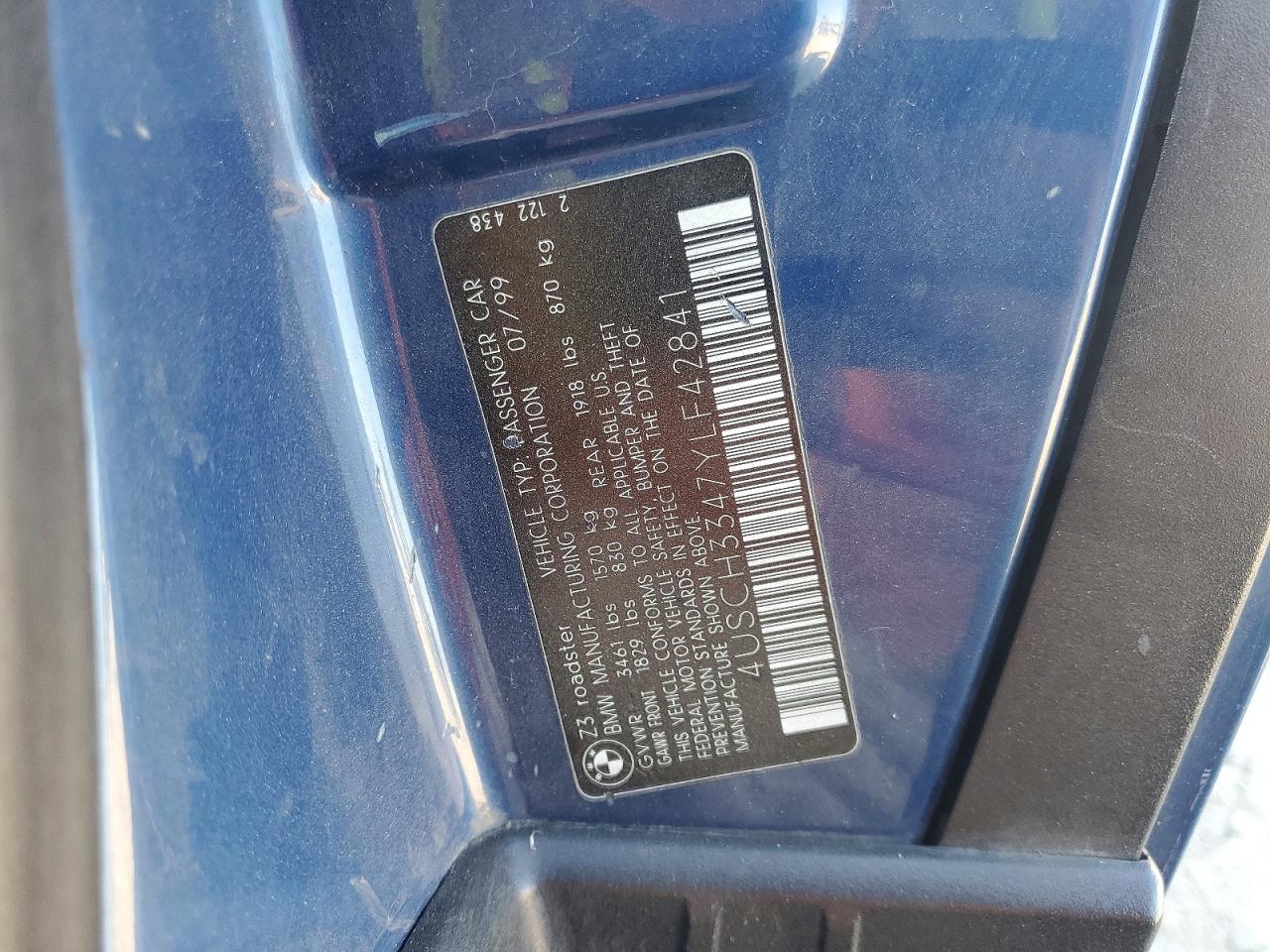 2000 Bmw Z3 2.8 Blue vin: 4USCH3347YLF42841
