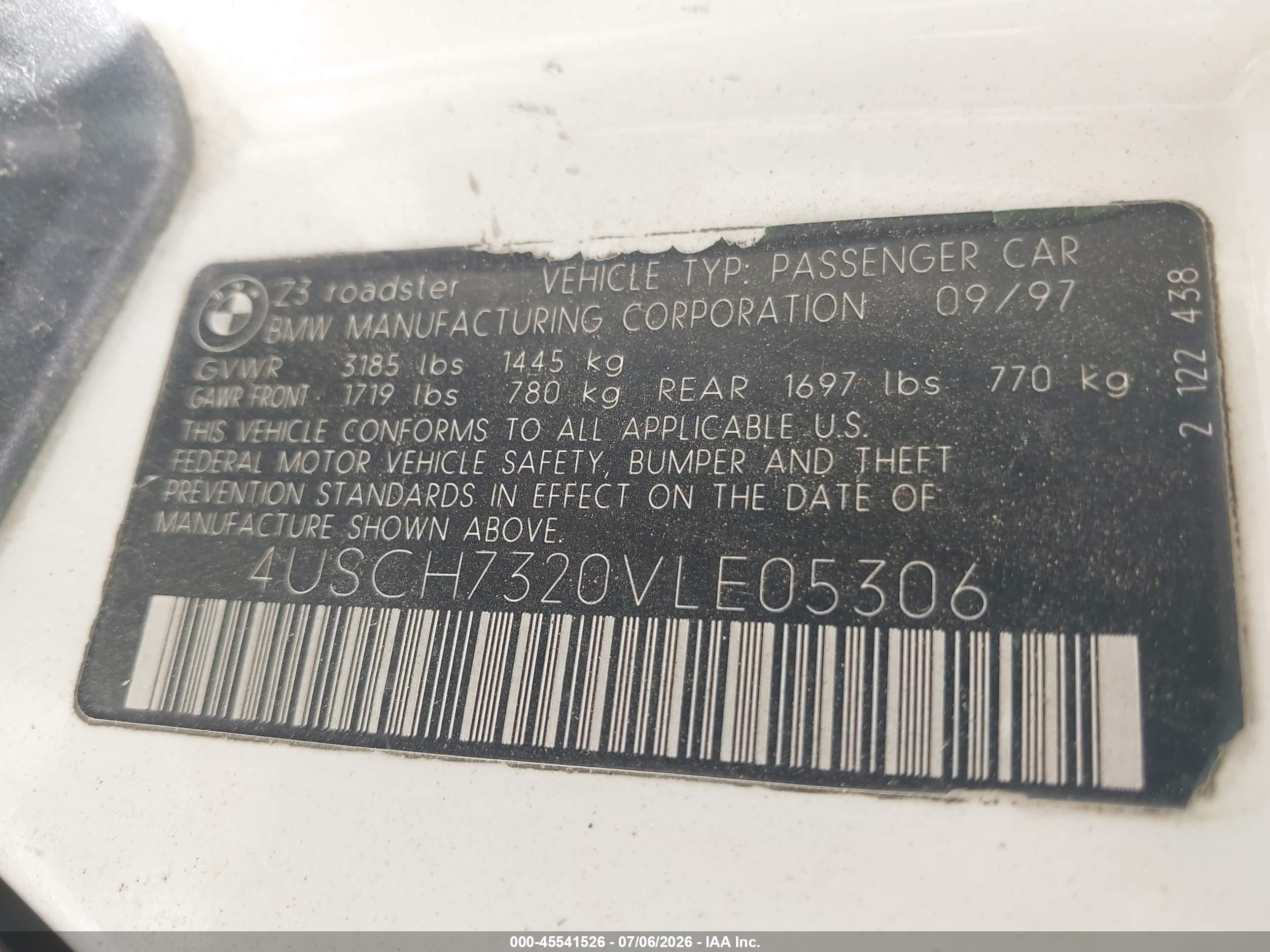 1997 Bmw Z3 1.9l Roadster White vin: 4USCH7320VLE05306
