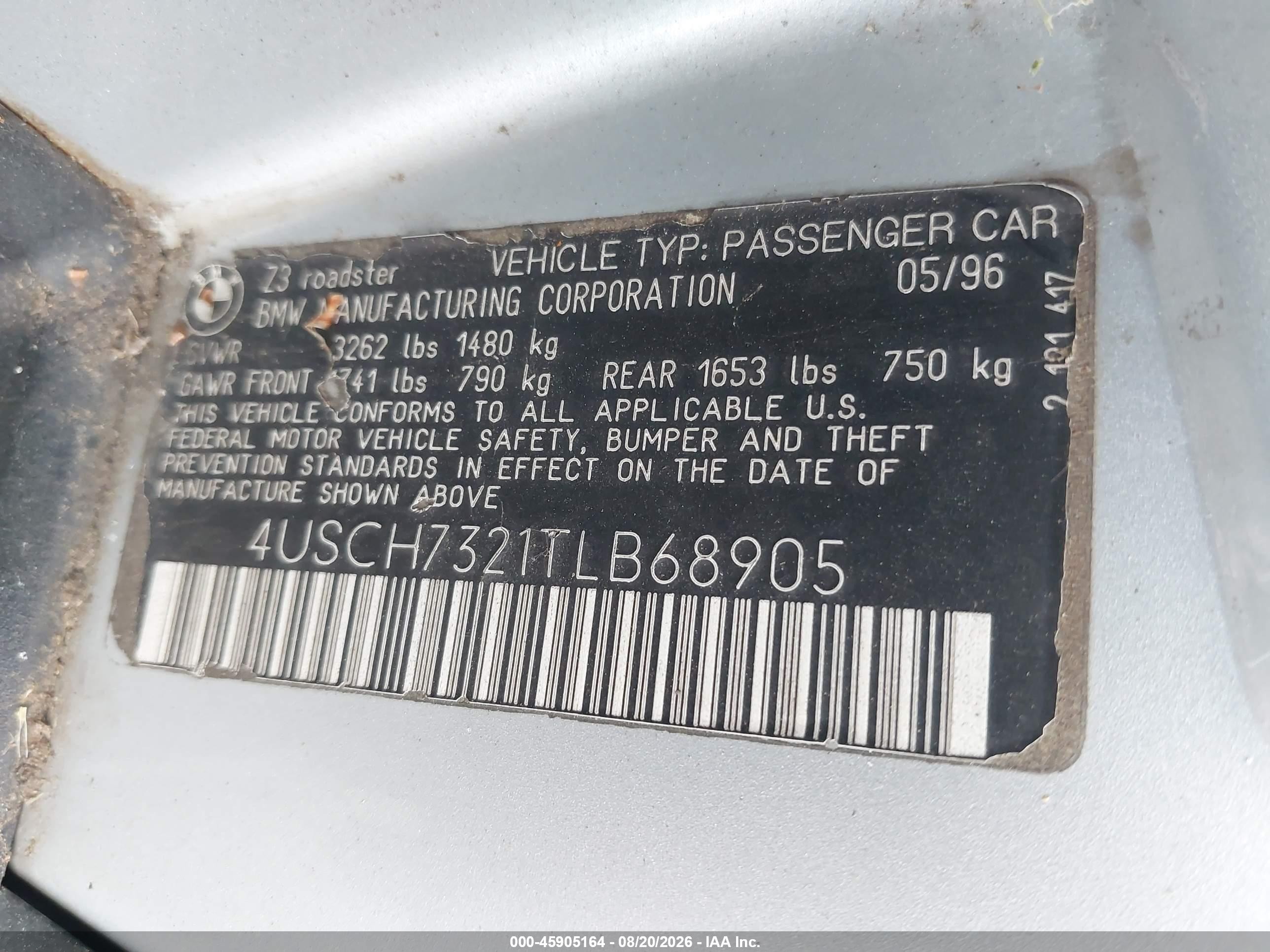 1996 Bmw Z3 1.9 Silver vin: 4USCH7321TLB68905