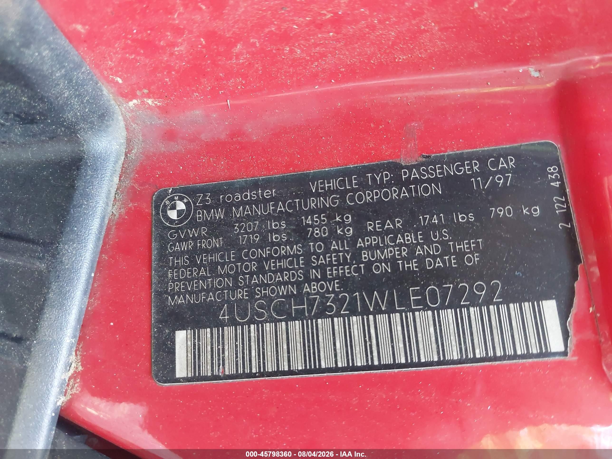 1998 Bmw Z3 1.9 Red vin: 4USCH7321WLE07292