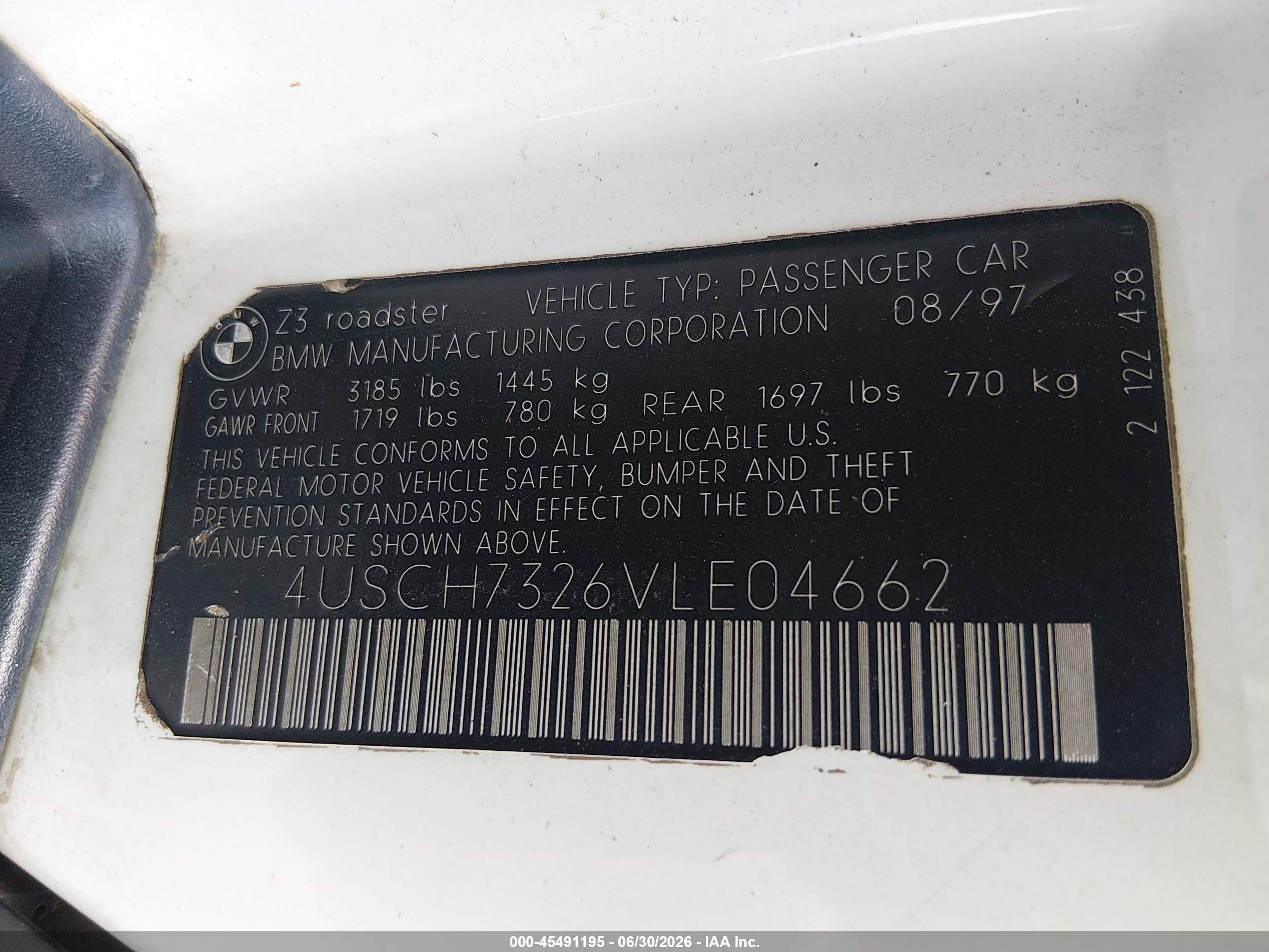 1997 Bmw Z3 1.9l Roadster White vin: 4USCH7326VLE04662