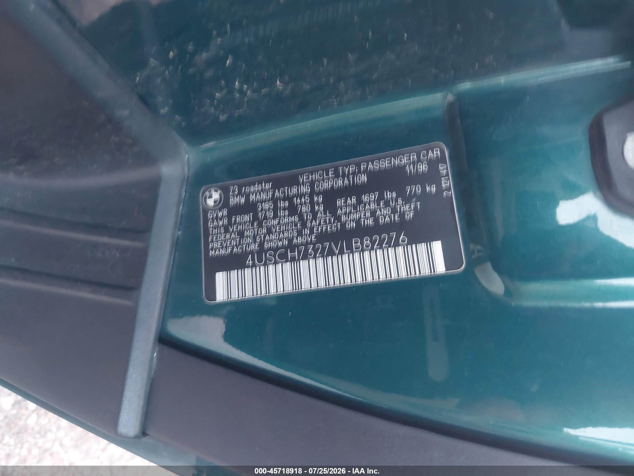 1997 Bmw Z3 1.9l Roadster Green vin: 4USCH7327VLB82276