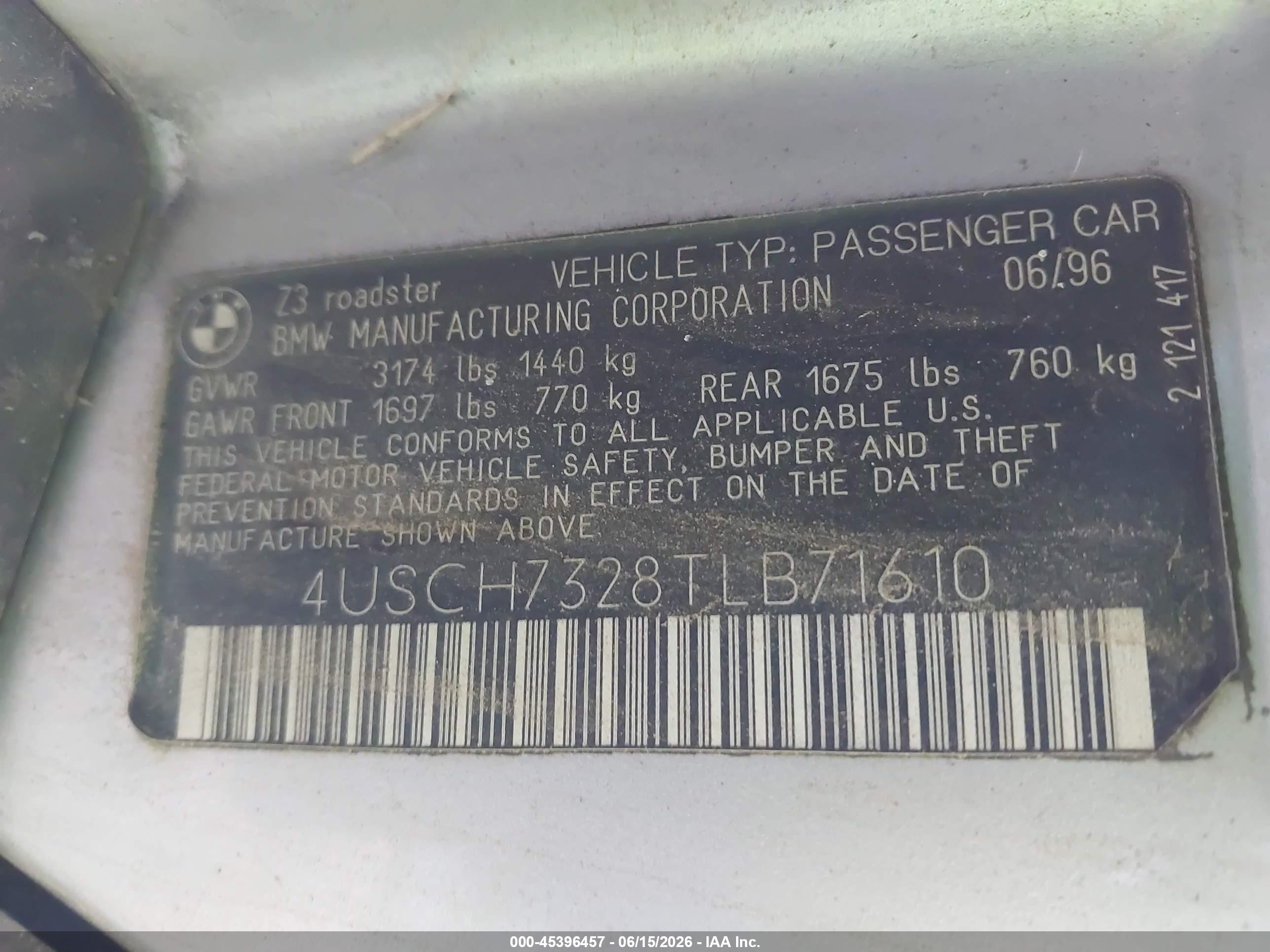 1996 Bmw Z3 1.9 Silver vin: 4USCH7328TLB71610