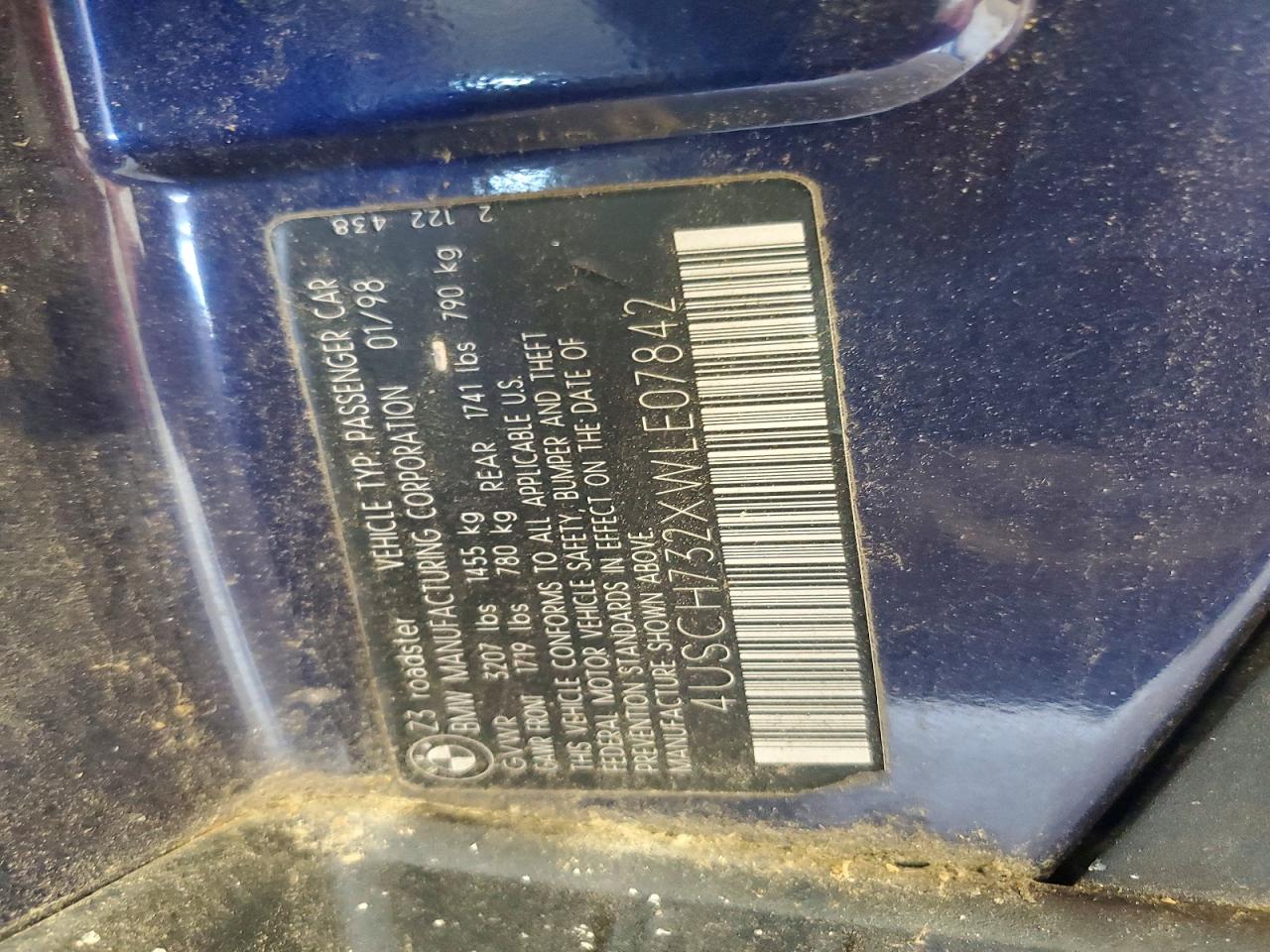 1998 Bmw Z3 1.9 Blue vin: 4USCH732XWLE07842