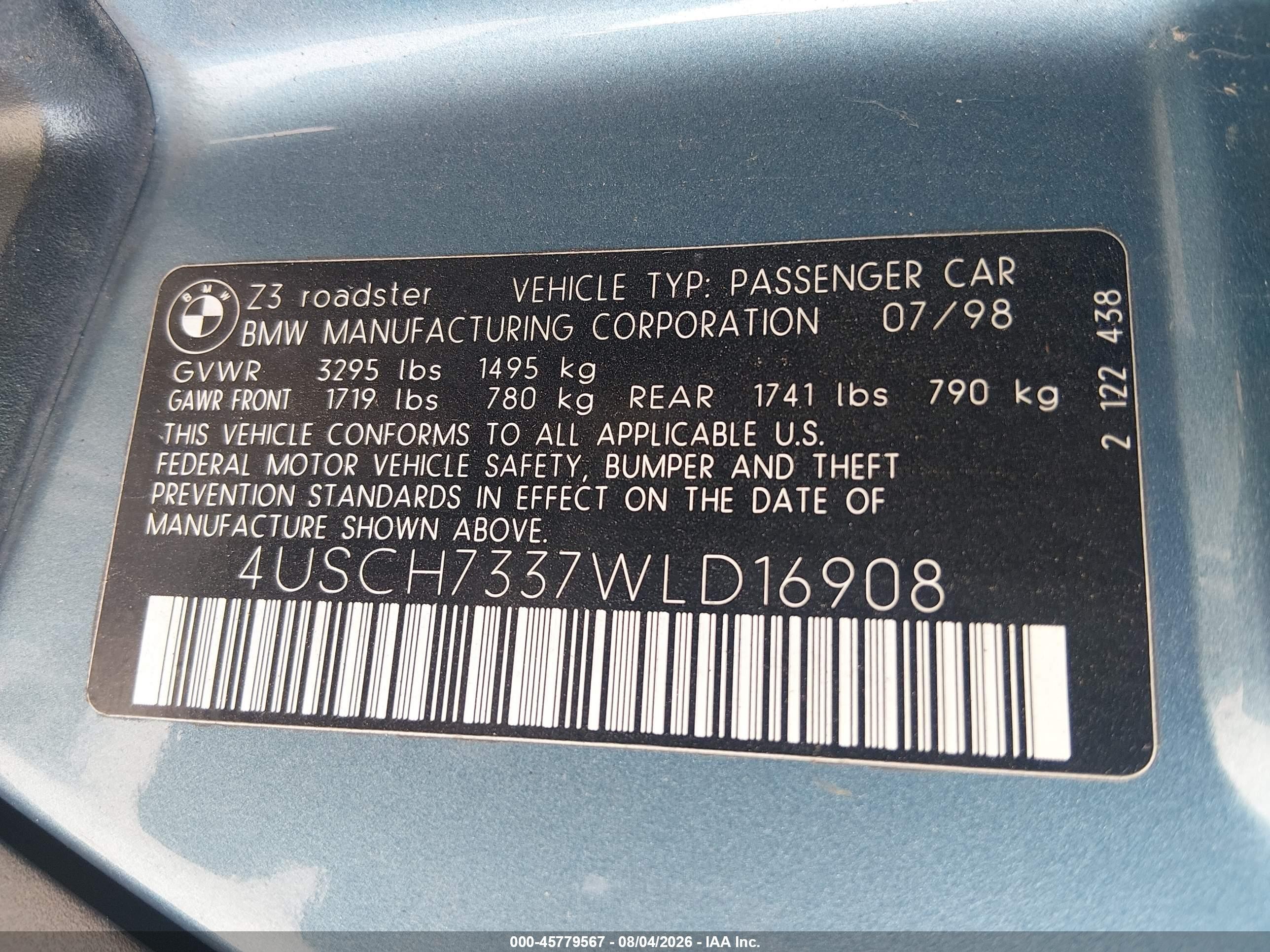 1998 Bmw Z3 1.9 Blue vin: 4USCH7337WLD16908