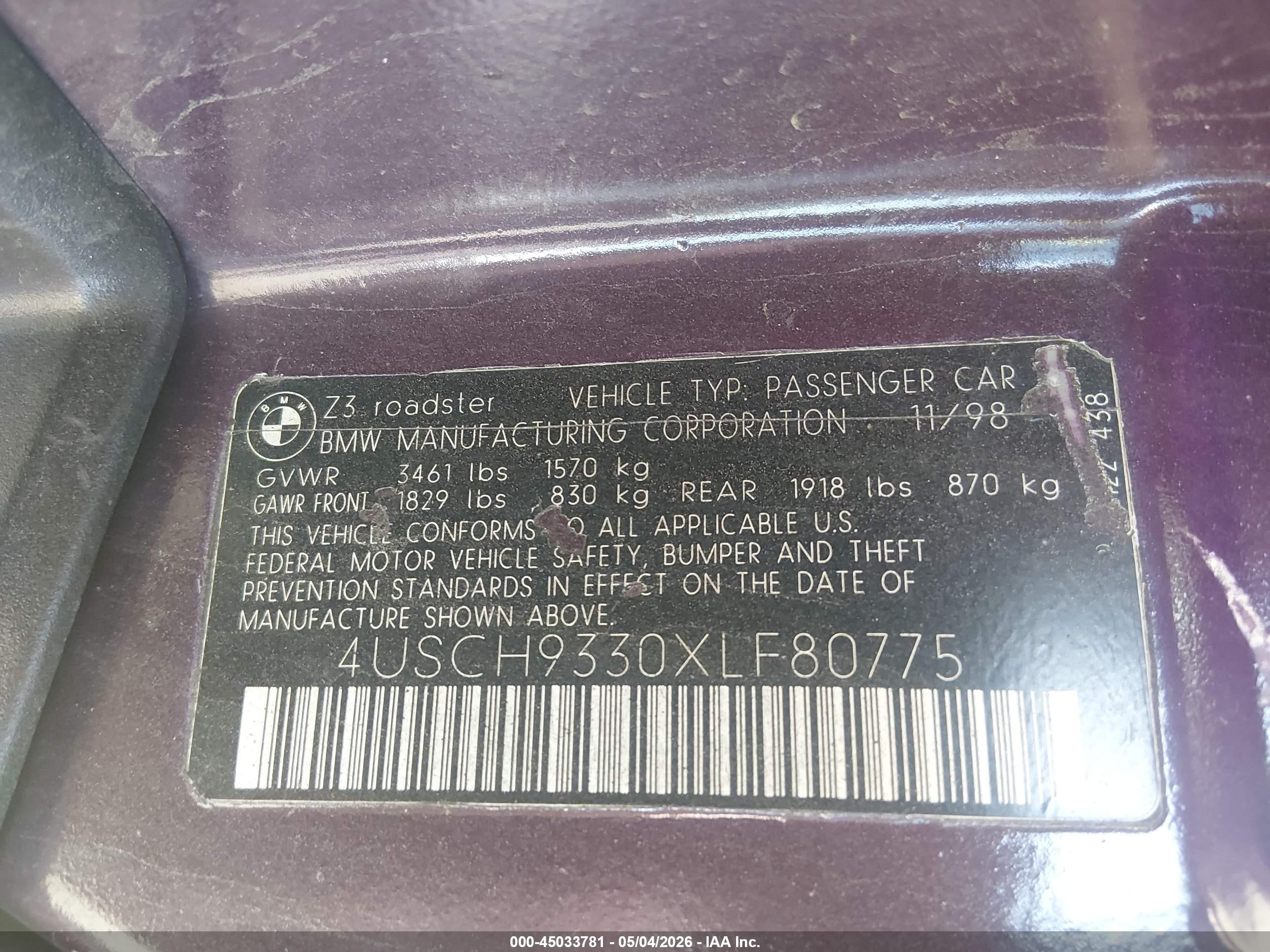 1999 Bmw Z3 2.3 Purple vin: 4USCH9330XLF80775