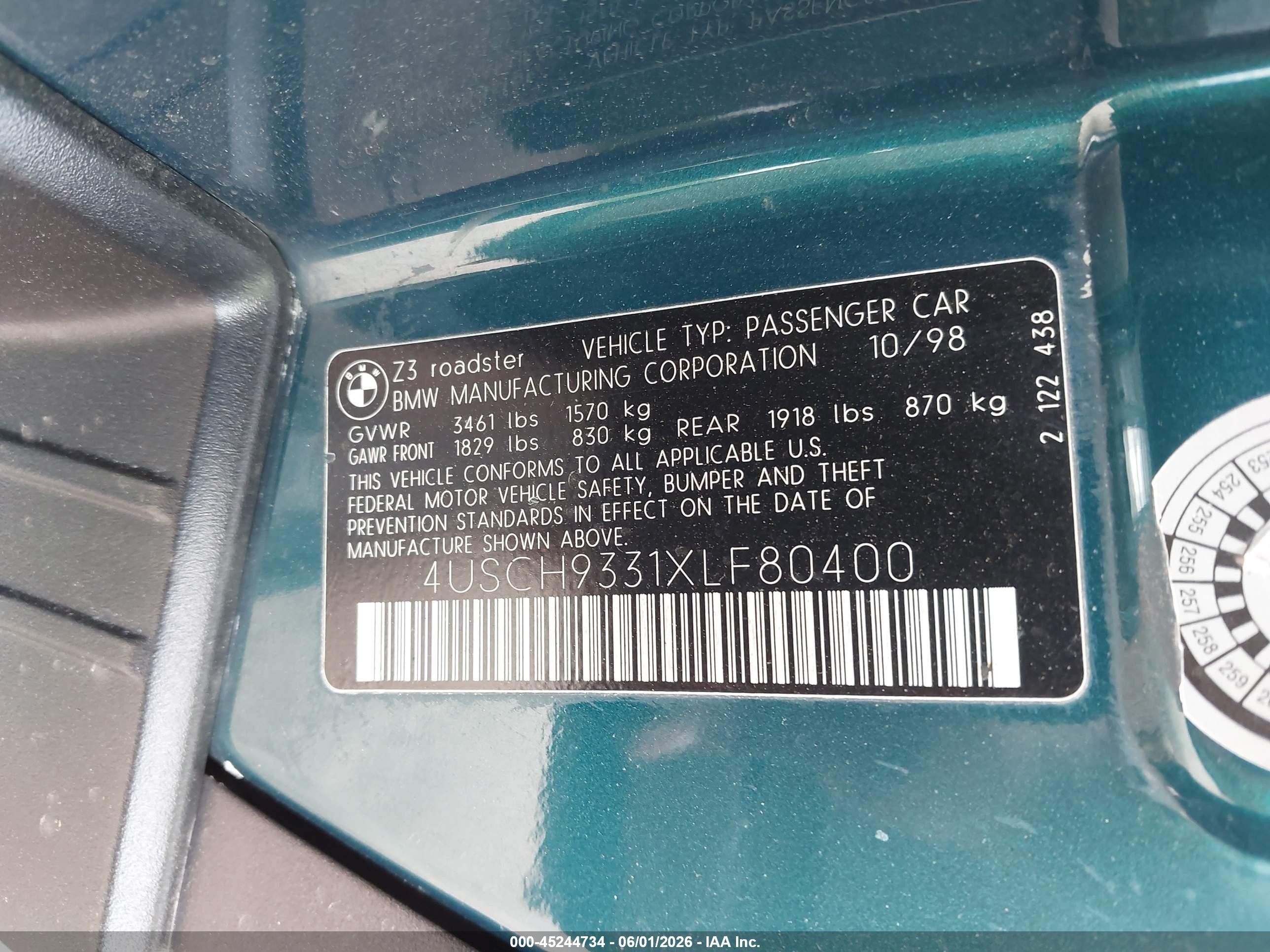 1999 Bmw Z3 2.3 Green vin: 4USCH9331XLF80400