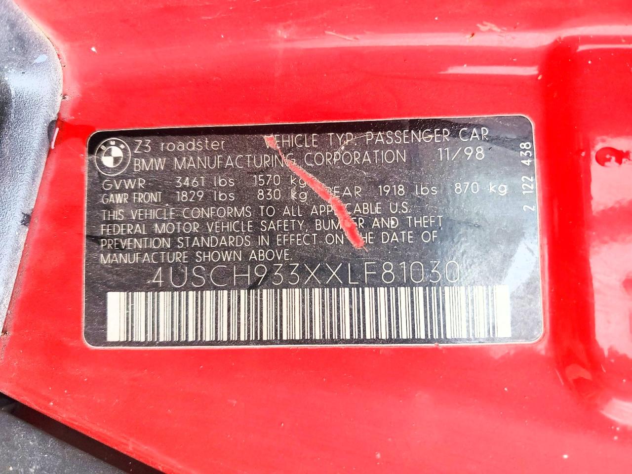 1999 Bmw Z3 2.3 Red vin: 4USCH933XXLF81030