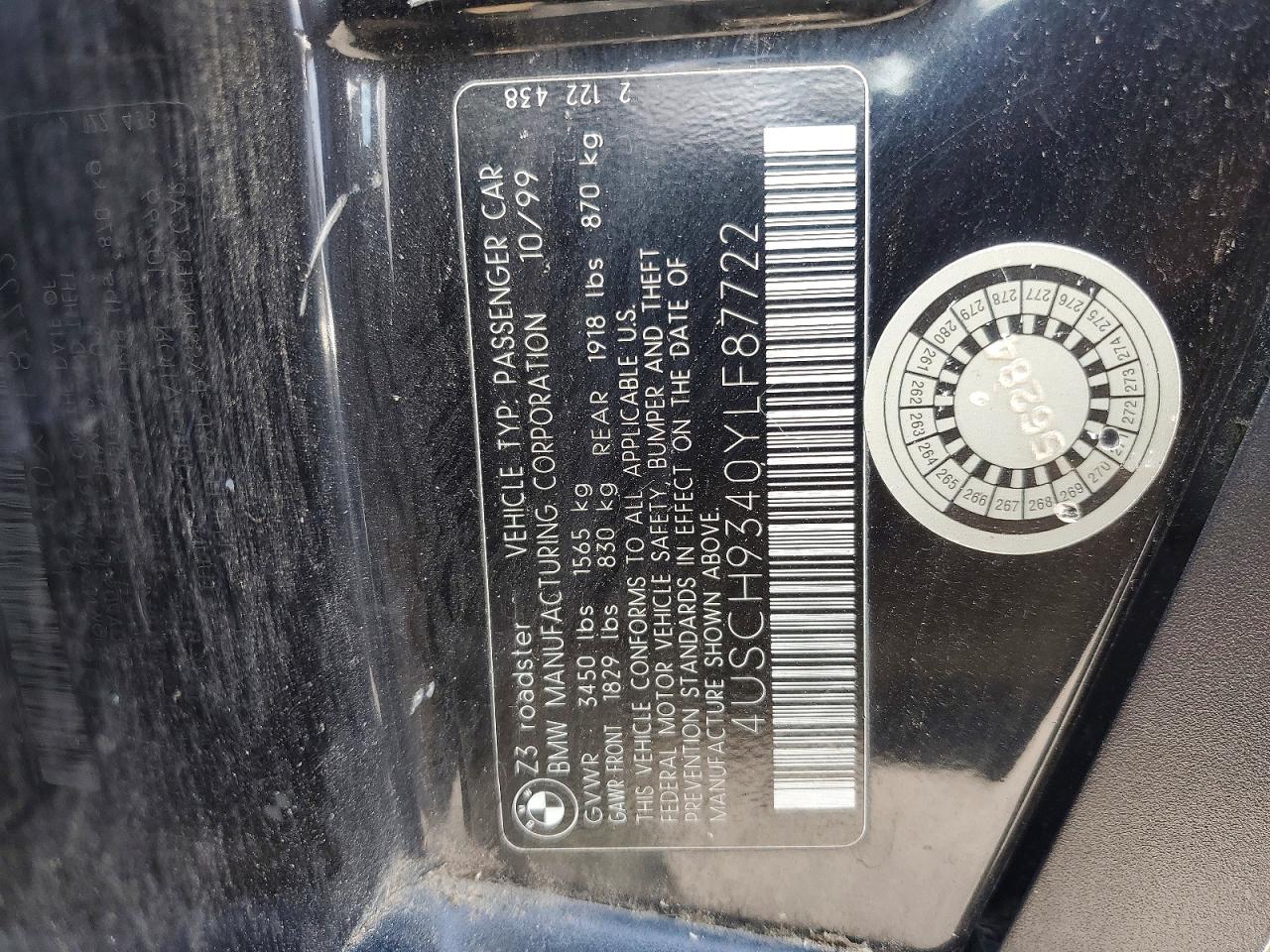 2000 Bmw Z3 2.3 Black vin: 4USCH9340YLF87722