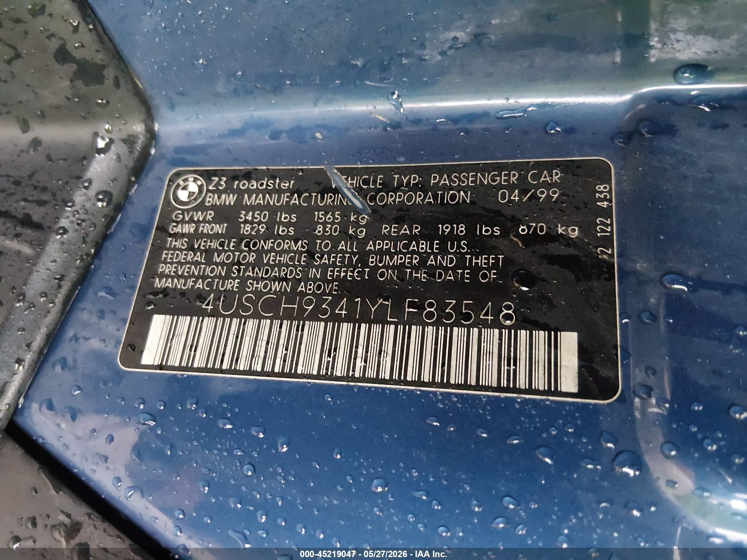 2000 Bmw Z3 2.3 Синий vin: 4USCH9341YLF83548