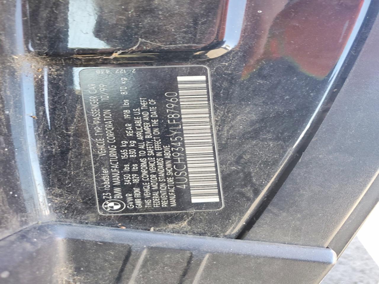 2000 Bmw Z3 2.3 Black vin: 4USCH9345YLF87960