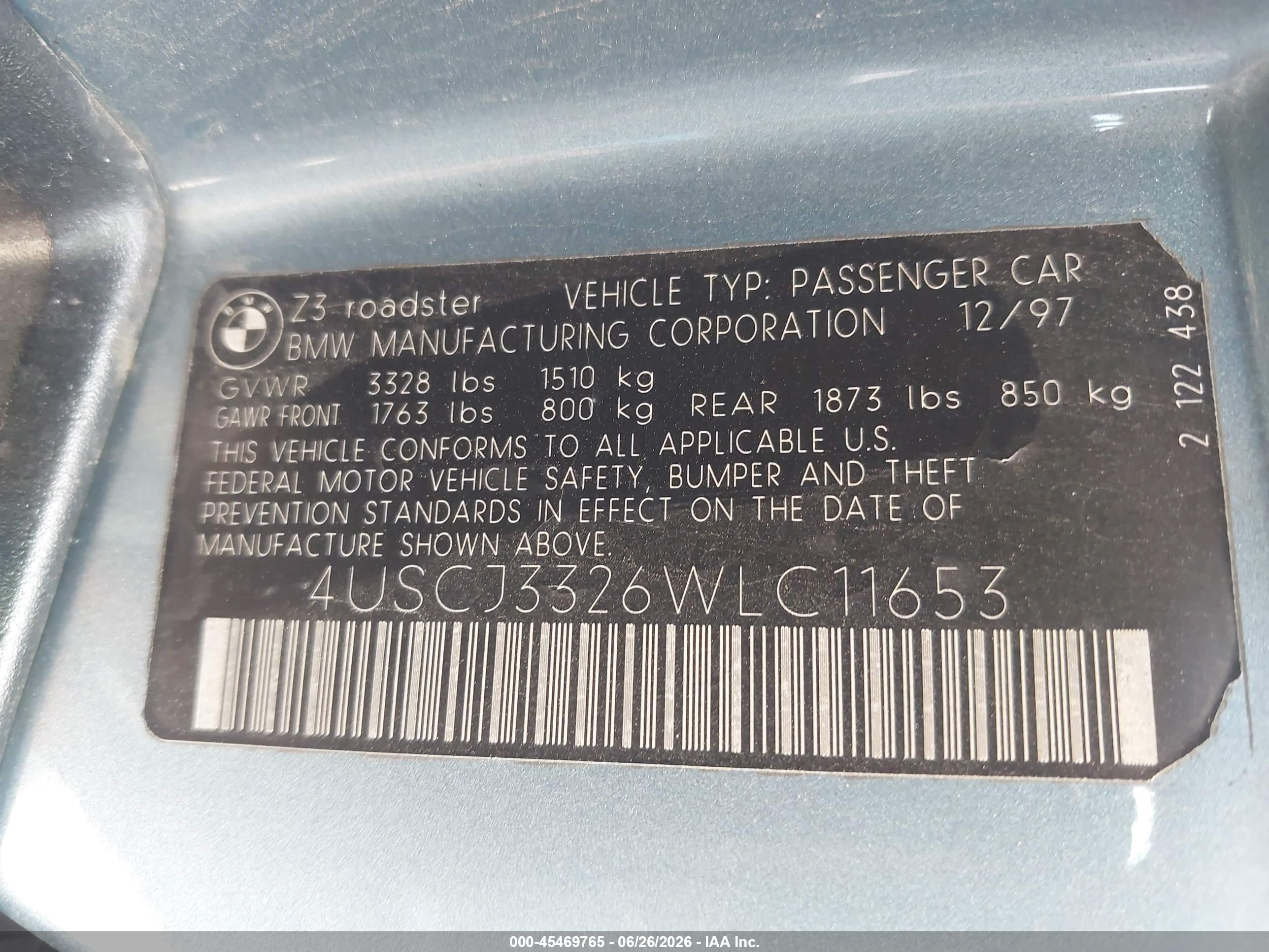 1998 Bmw Z3 2.8 Blue vin: 4USCJ3326WLC11653