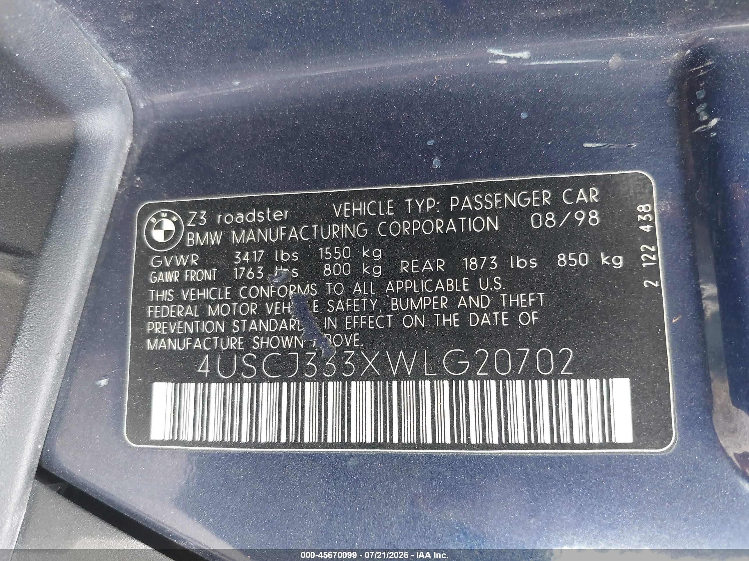 1998 Bmw Z3 2.8 Blue vin: 4USCJ333XWLG20702