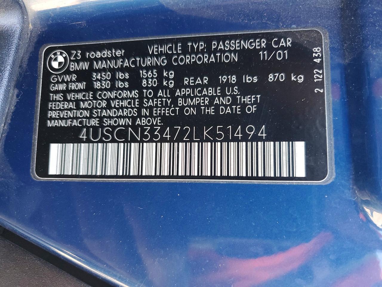 2002 Bmw Z3 2.5 Blue vin: 4USCN33472LK51494