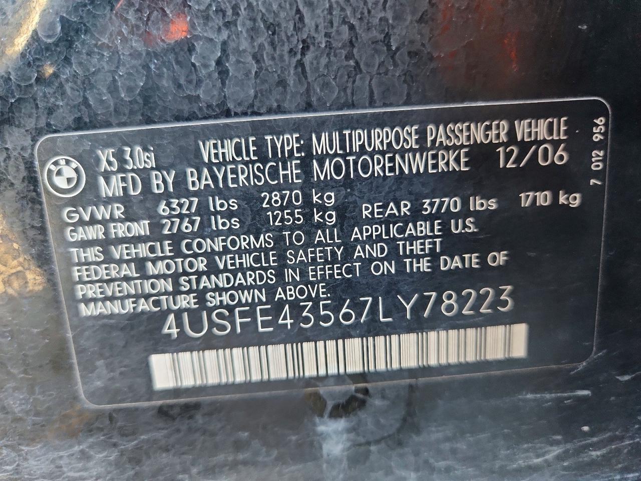 2007 Bmw X5 3.0i Черный vin: 4USFE43567LY78223