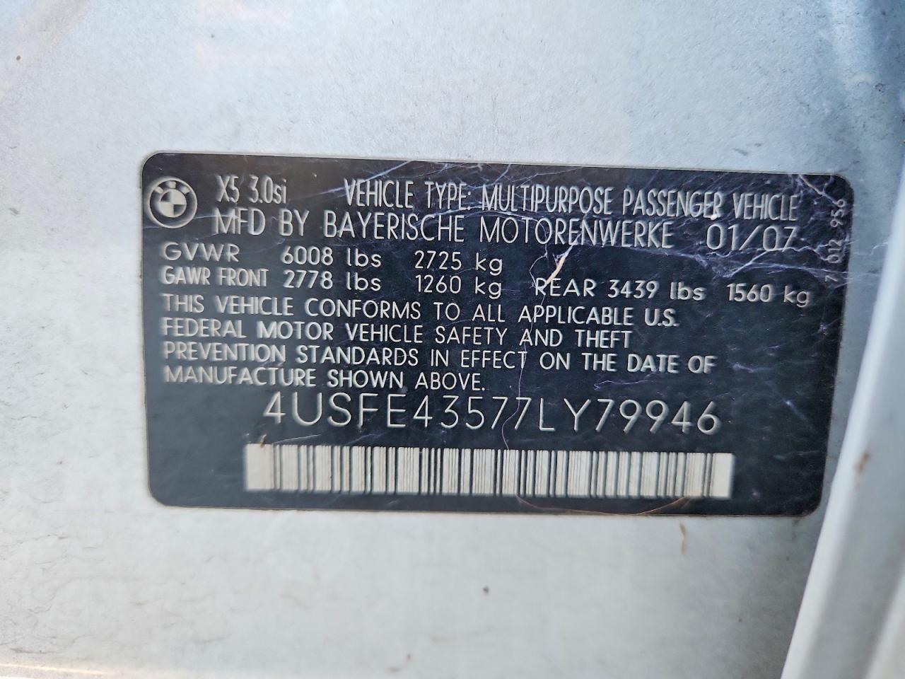 2007 Bmw X5 3.0i Silver vin: 4USFE43577LY79946