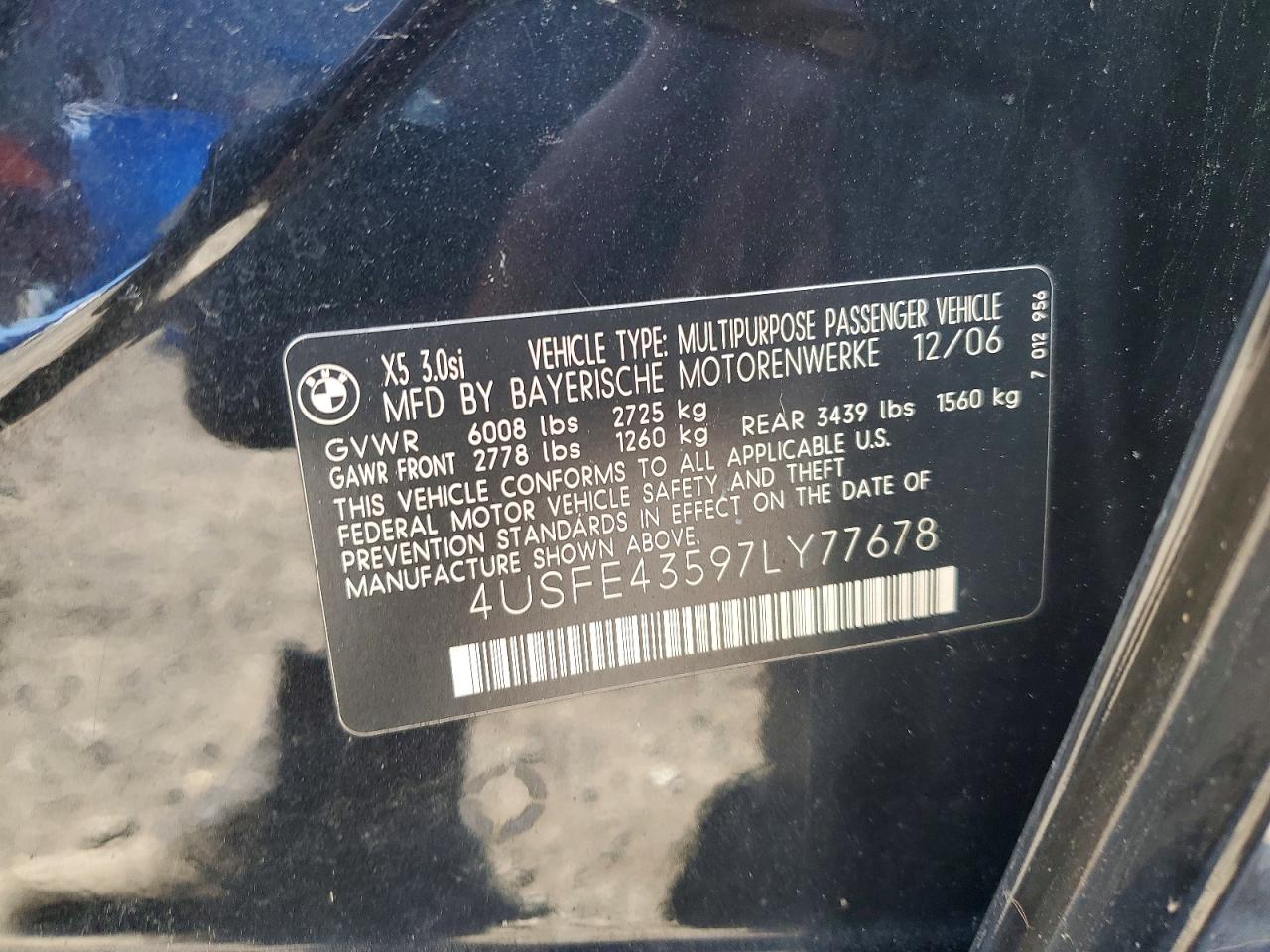 2007 Bmw X5 3.0i Black vin: 4USFE43597LY77678